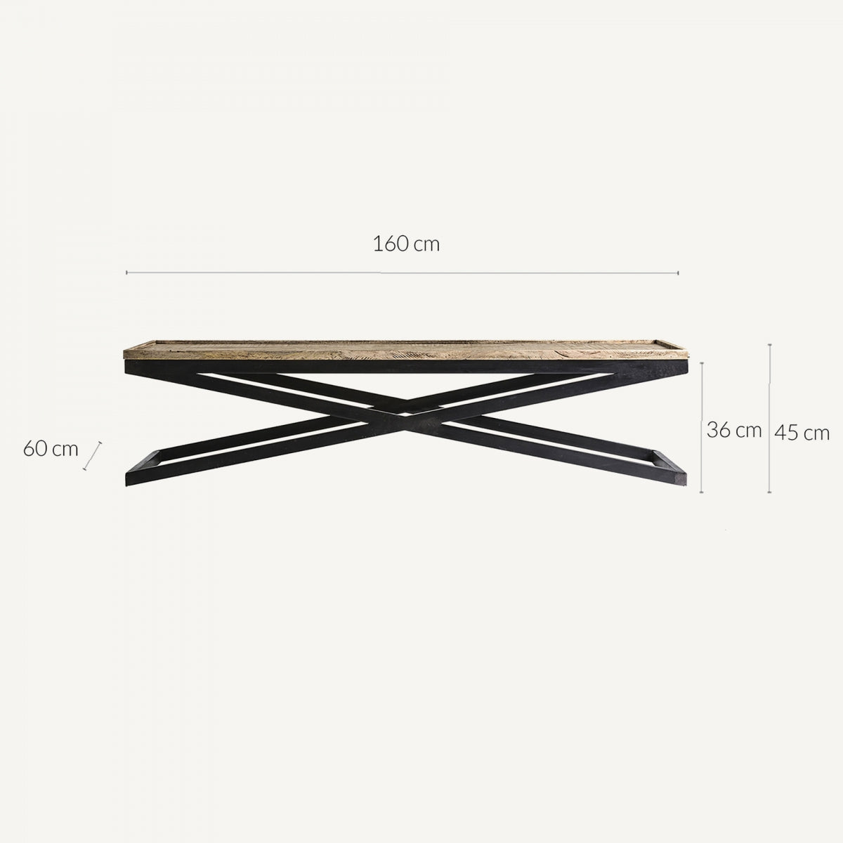 Medidas de la mesa de centro Newak con base cruzada y bandejas de madera – estructura metálica negra industrial boutique interiorismo Vical