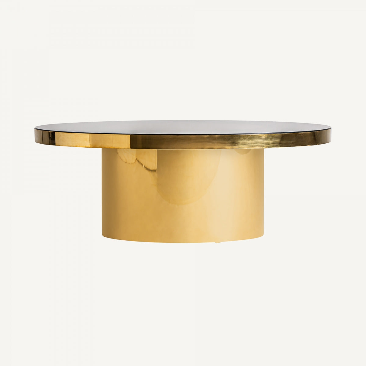 Vista frontal de la mesa de centro dorada BERTRIX con base cilíndrica y sobre negro brillante, estilo moderno y sofisticado