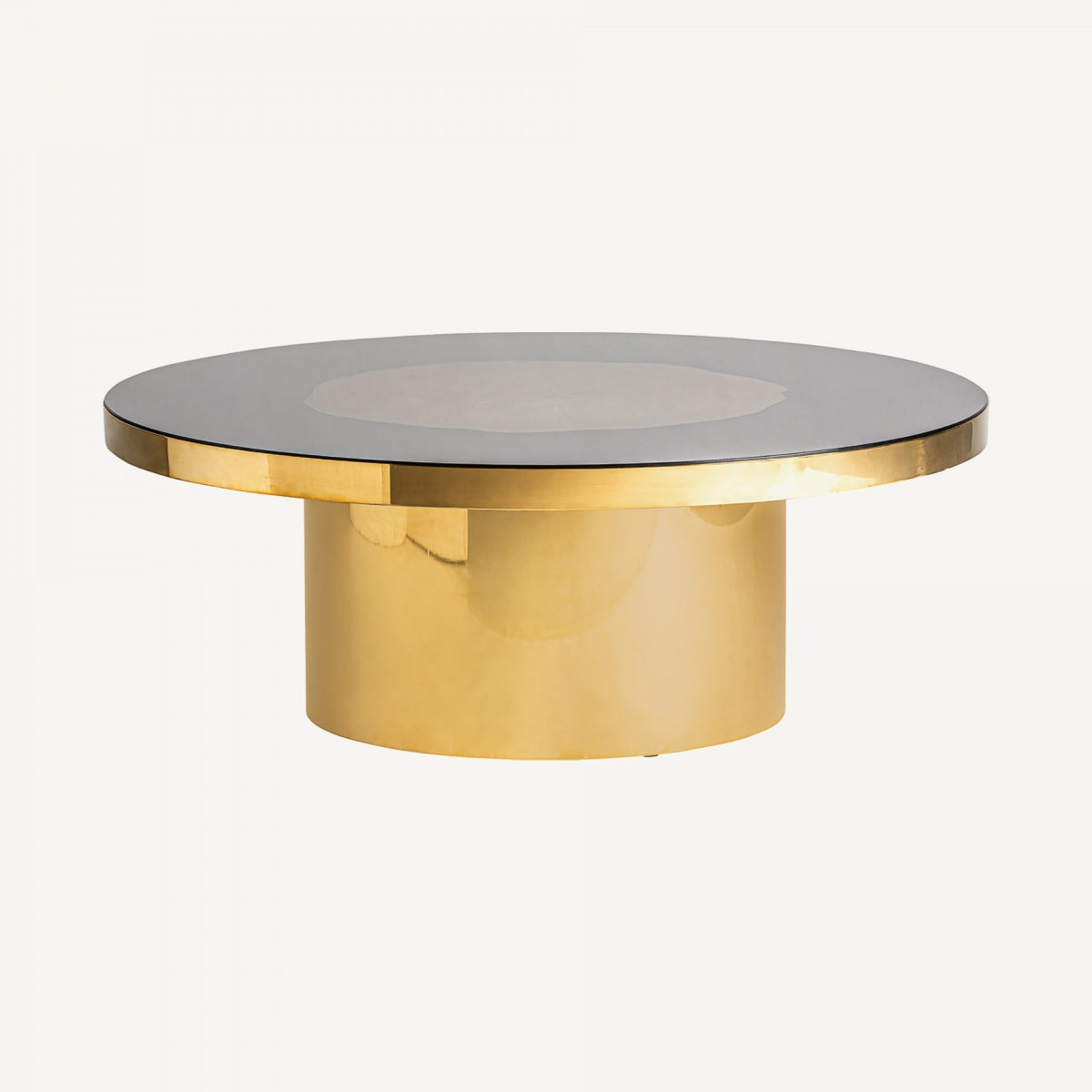 Perspectiva lateral de la mesa de centro BERTRIX en dorado pulido y sobre efecto espejo negro, diseño elegante y decorativo