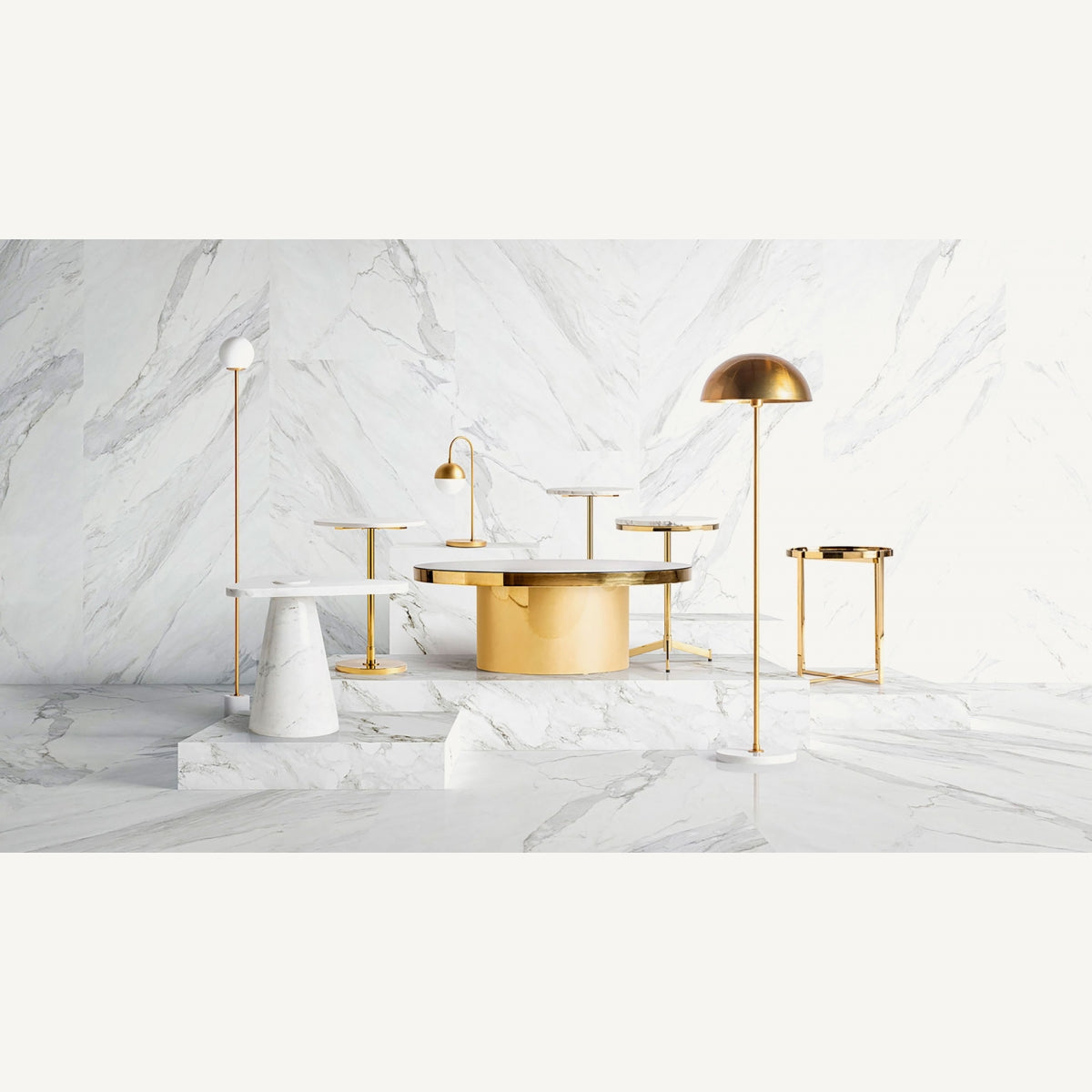 Ambiente de exposición con la mesa BERTRIX rodeada de lámparas y mesas doradas, interiorismo boutique moderno