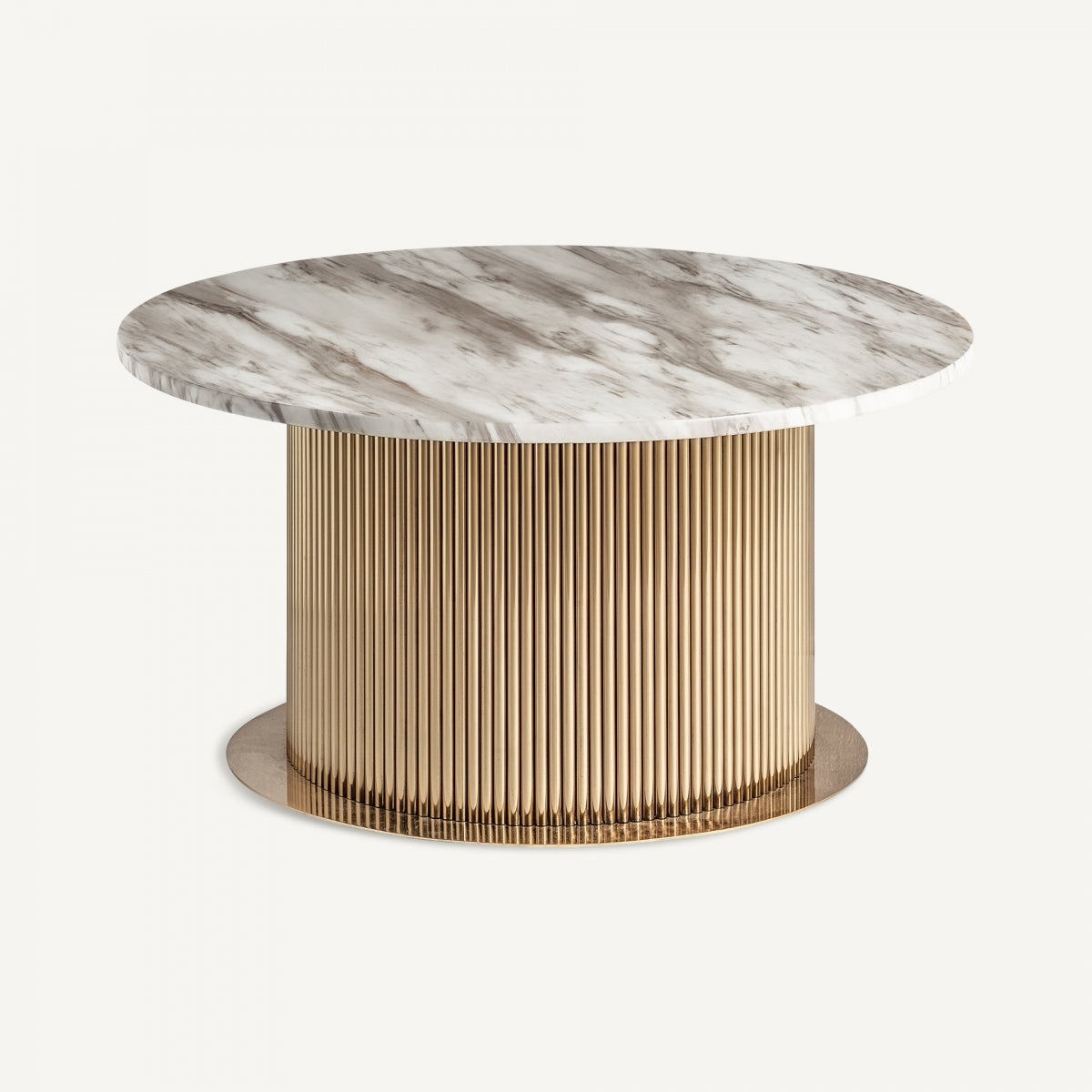 Mesa baja de mármol blanco con base cilíndrica metálica dorada, diseño elegante – boutique interiorismo VICAL
