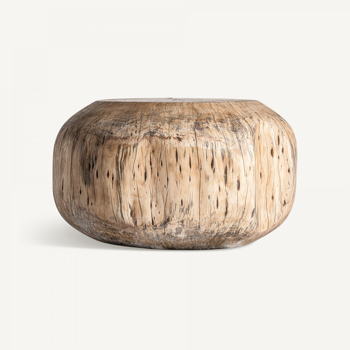 Mesa de centro redonda de madera de tamarindo con vetas naturales y acabado artesanal, estilo orgánico y cálido, VICAL