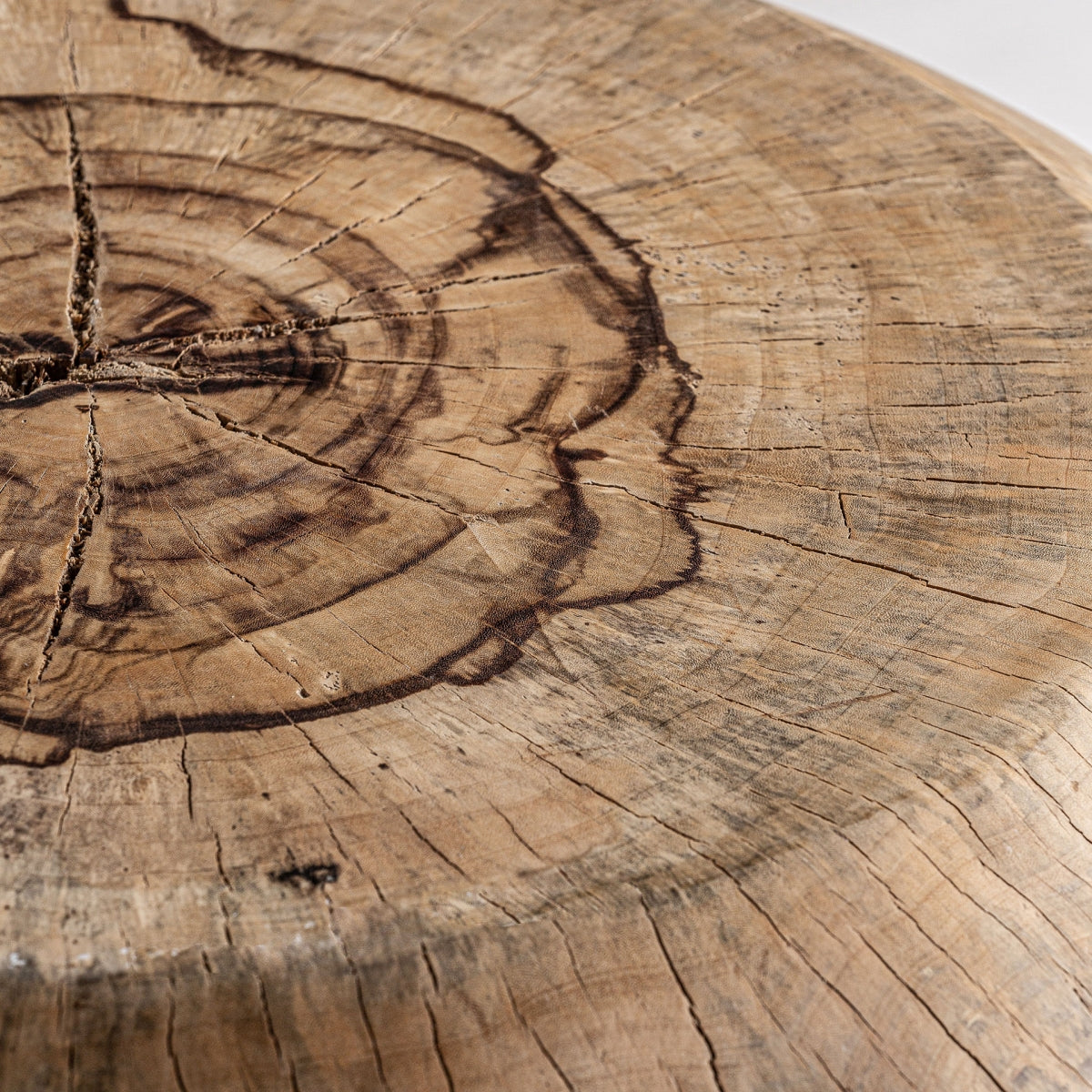 Detalle de superficie con anillos de crecimiento en madera natural, textura única y acabado rústico