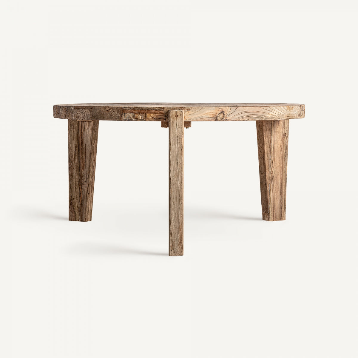Mesa de centro redonda vista frontal, madera natural con patas cónicas y diseño sencillo