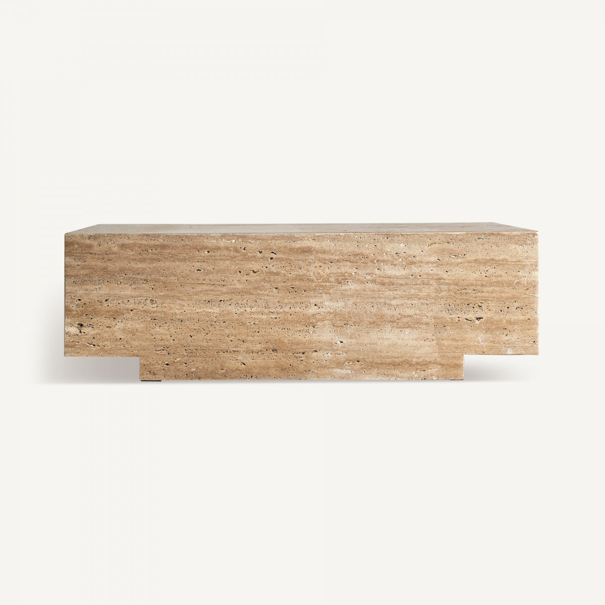 Mesa de centro NORDDAL vista frontal con forma rectangular en travertino natural – diseño escultórico y elegante boutique interiorismo Vical
