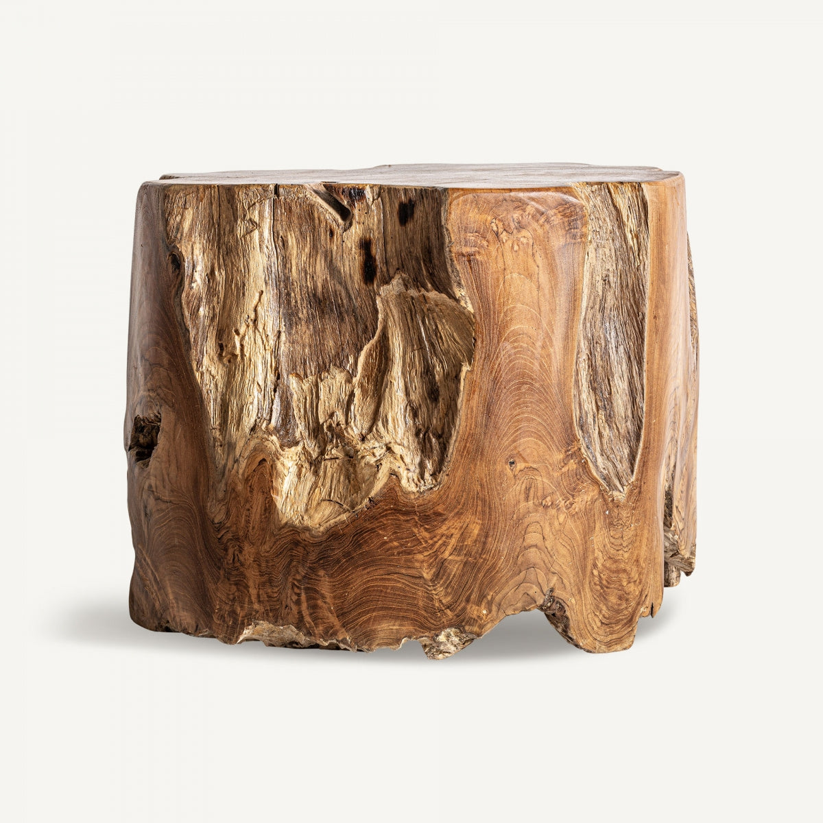 Mesa auxiliar natural tallada en un solo bloque de raíz, textura rústica y forma escultórica – boutique interiorismo VICAL