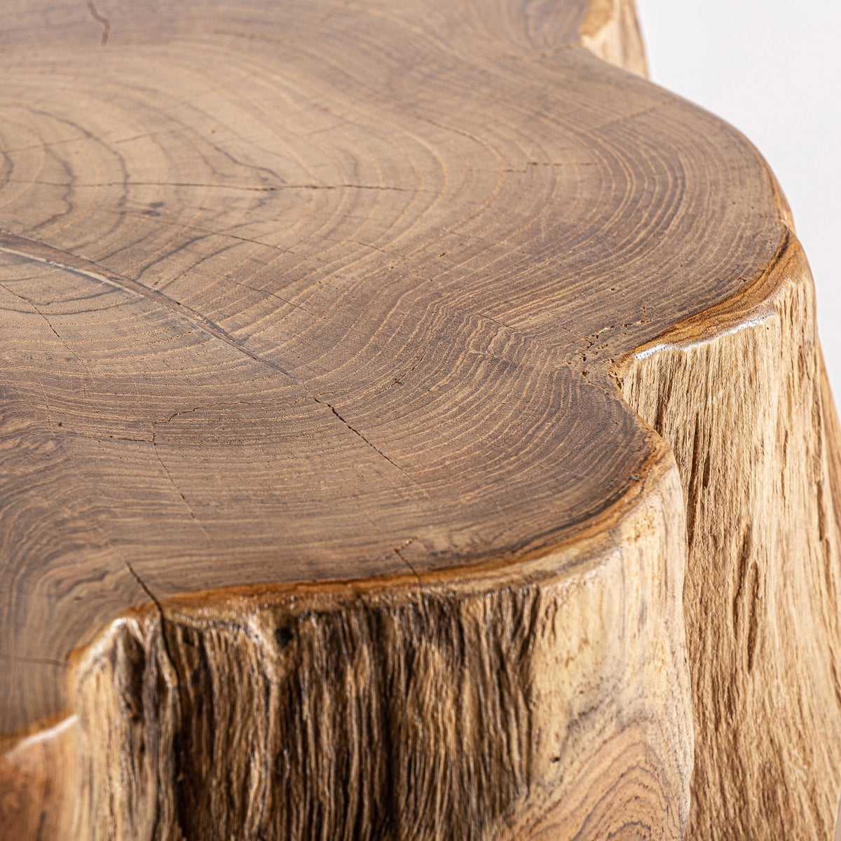 Superficie superior de la mesa tronco con vetas anulares marcadas, madera natural – boutique interiorismo VICAL