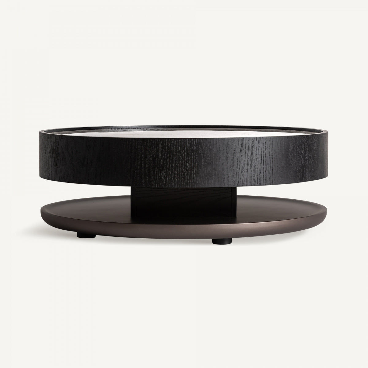 Mesa de centro con mesa centro redonda tapa marmol base metalica dorada de estilo moderno y acabado boutique.