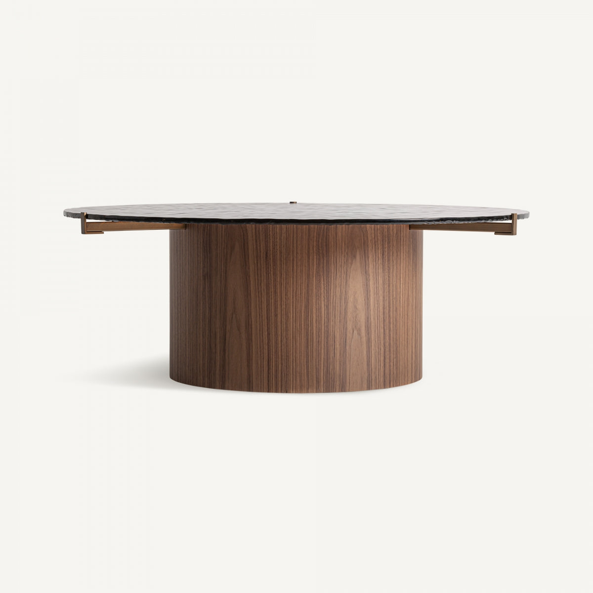 Mesa de centro redonda con base cilíndrica de madera y sobre en cristal ahumado texturizado | diseño elegante y moderno | boutique_interiorismo-vical