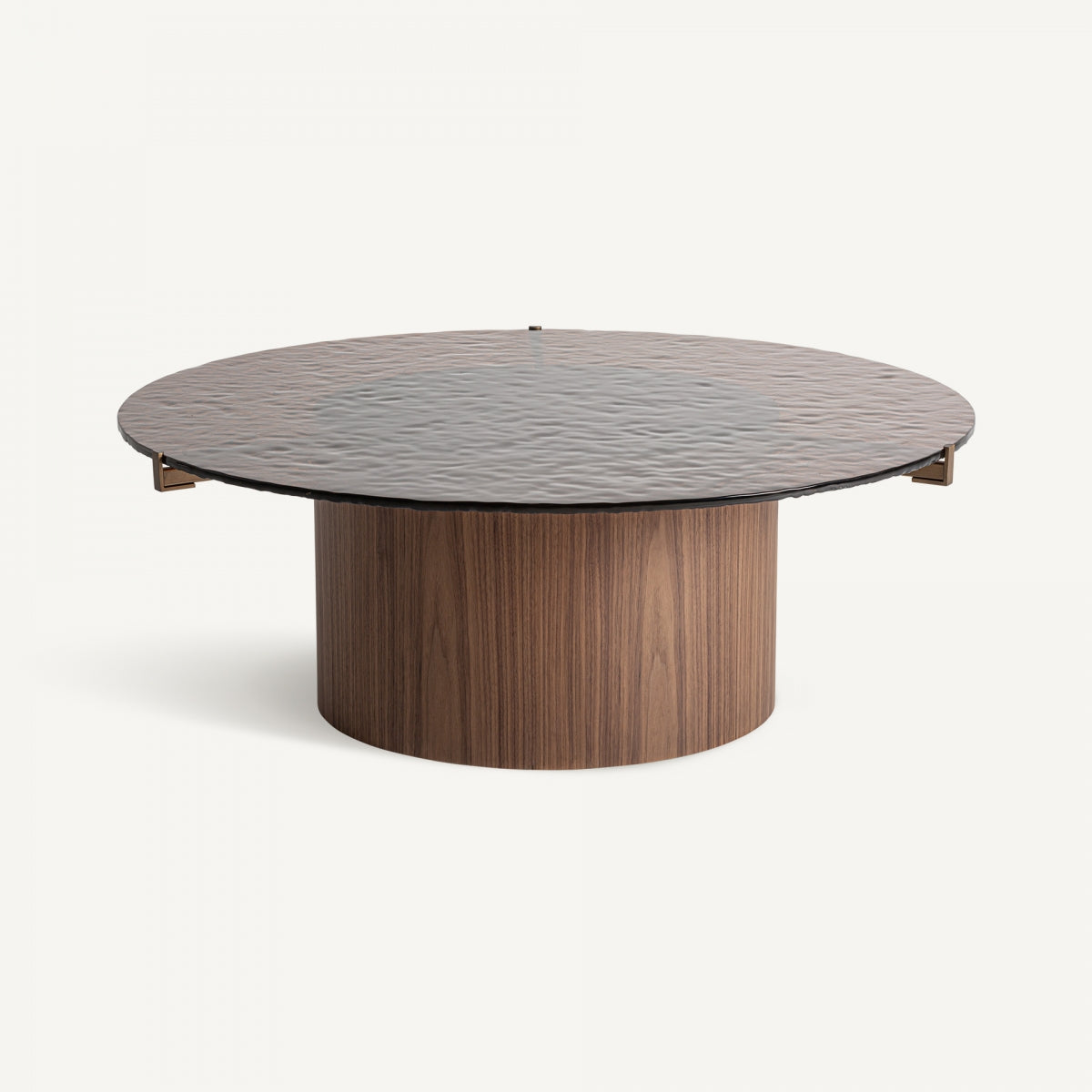Mesa circular con estructura en nogal y sobre de vidrio ondulado | estilo contemporáneo cálido | boutique_interiorismo-vical