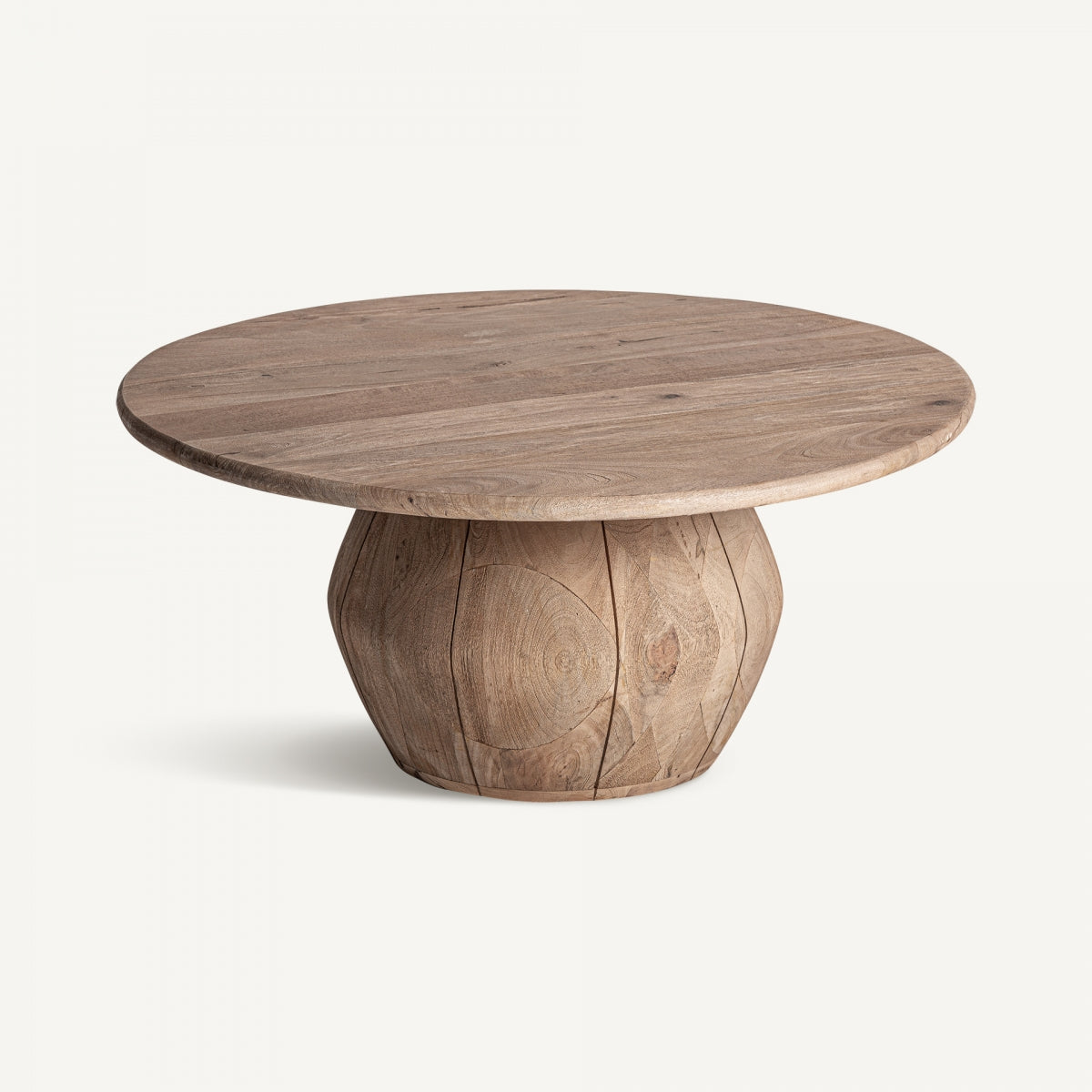 Mesa de centro redonda en perspectiva, base escultórica de madera natural