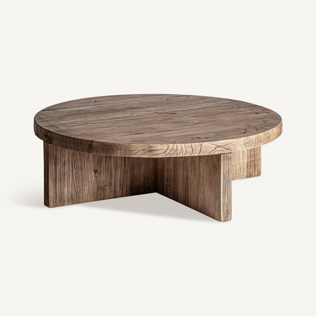 Mesa circular de madera natural vista en ángulo, perfecta para ambientes con estilo orgánico y relajado.