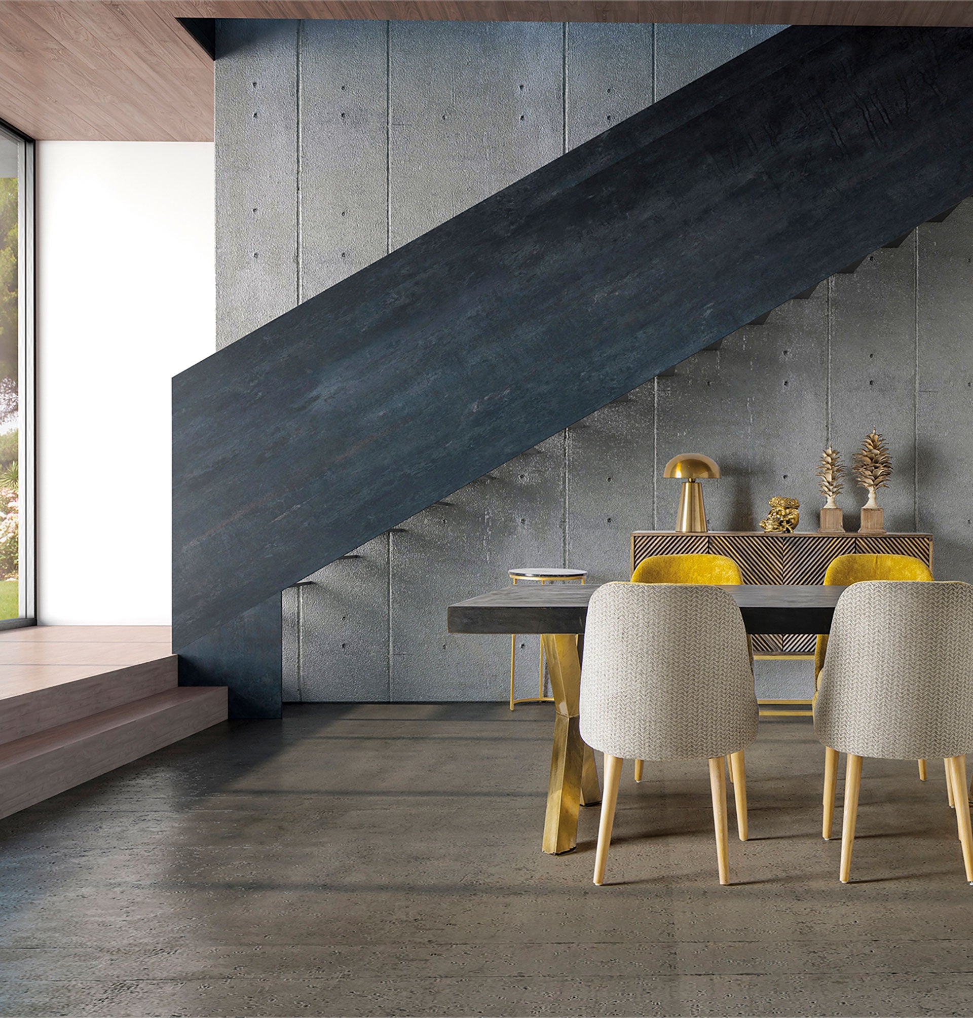 Comedor contemporáneo con mesa KAPIE, sillas tapizadas y diseño de líneas limpias