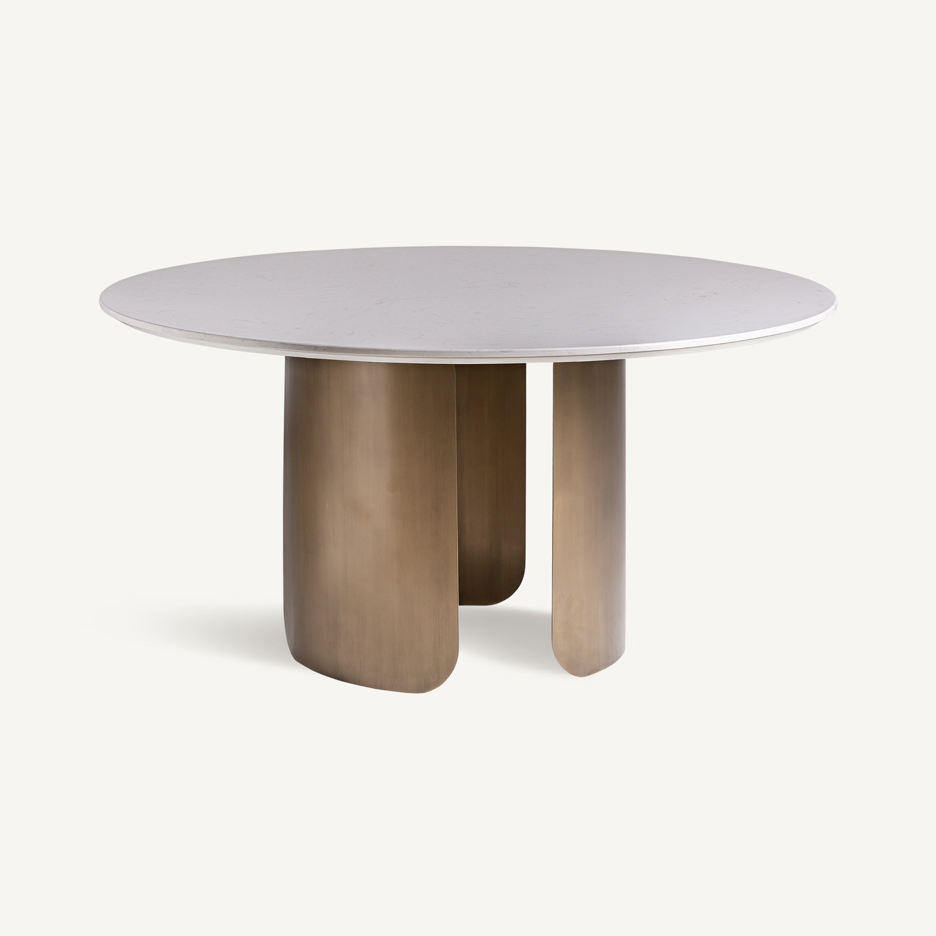mesa comedor redonda mármol blanco y base metálica dorada vista lateral boutique_interiorismo-vical