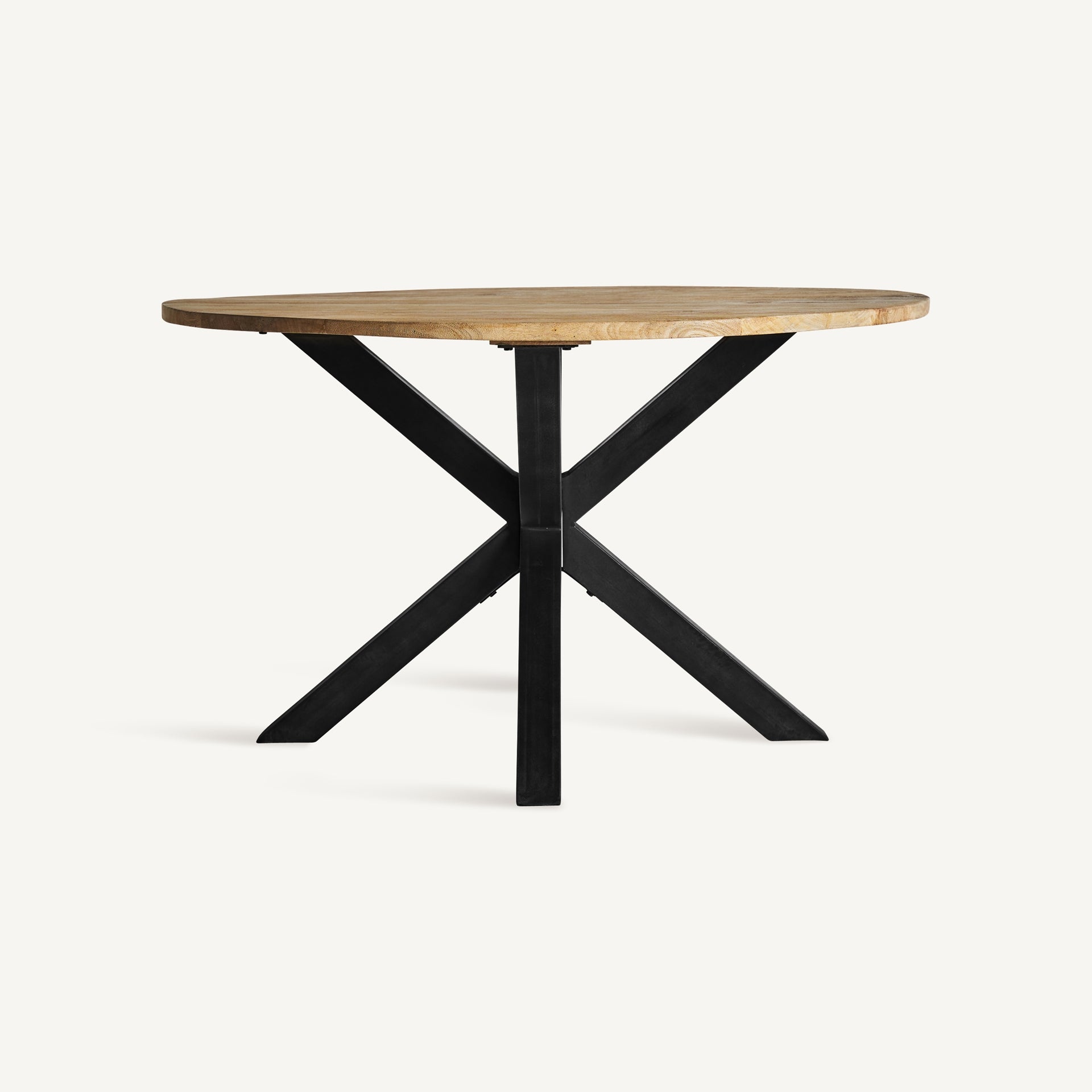 mesa redonda madera natural y patas negras cruzadas estilo industrial boutique_interiorismo-vical