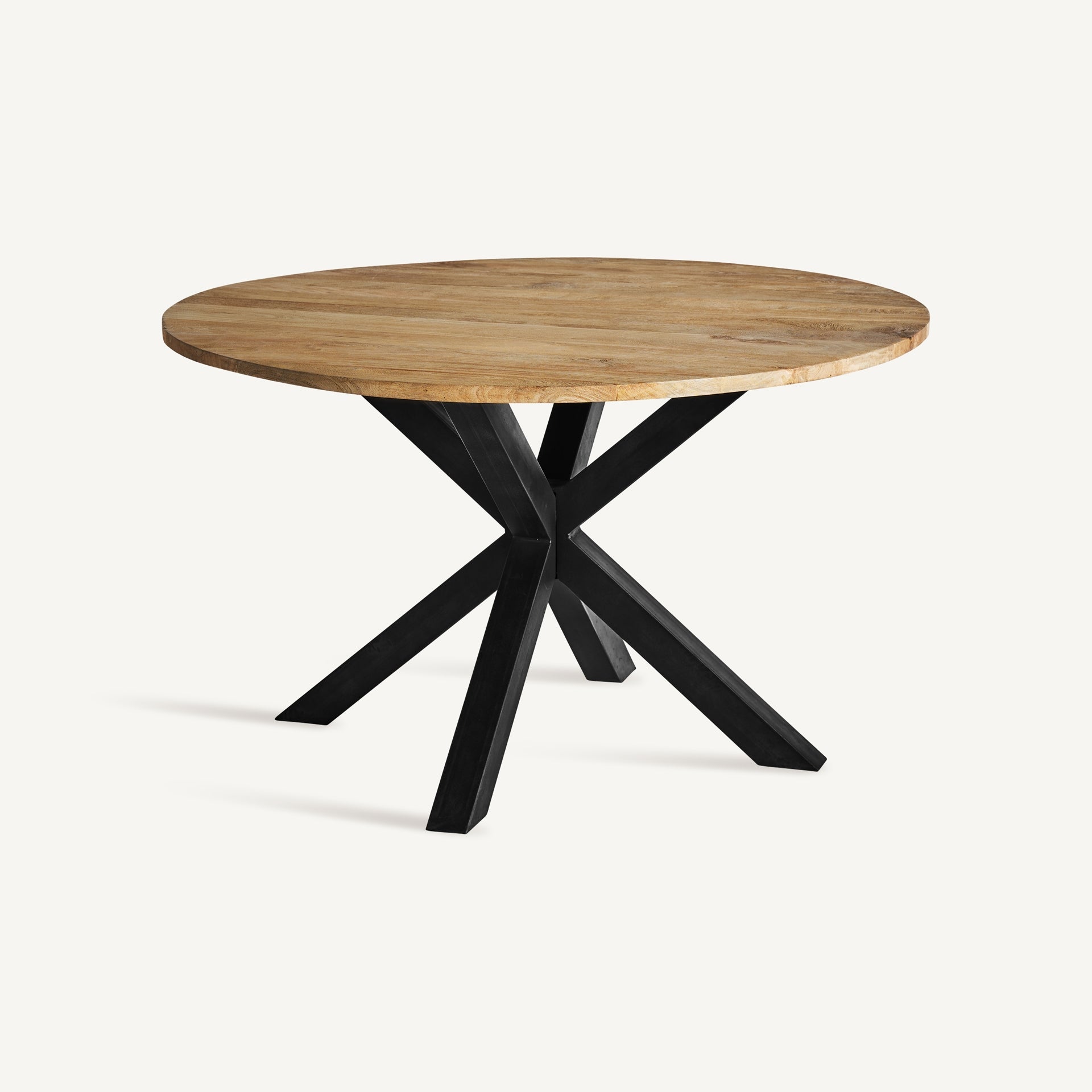 mesa comedor redonda madera vista lateral con base metálica negra boutique_interiorismo-vical