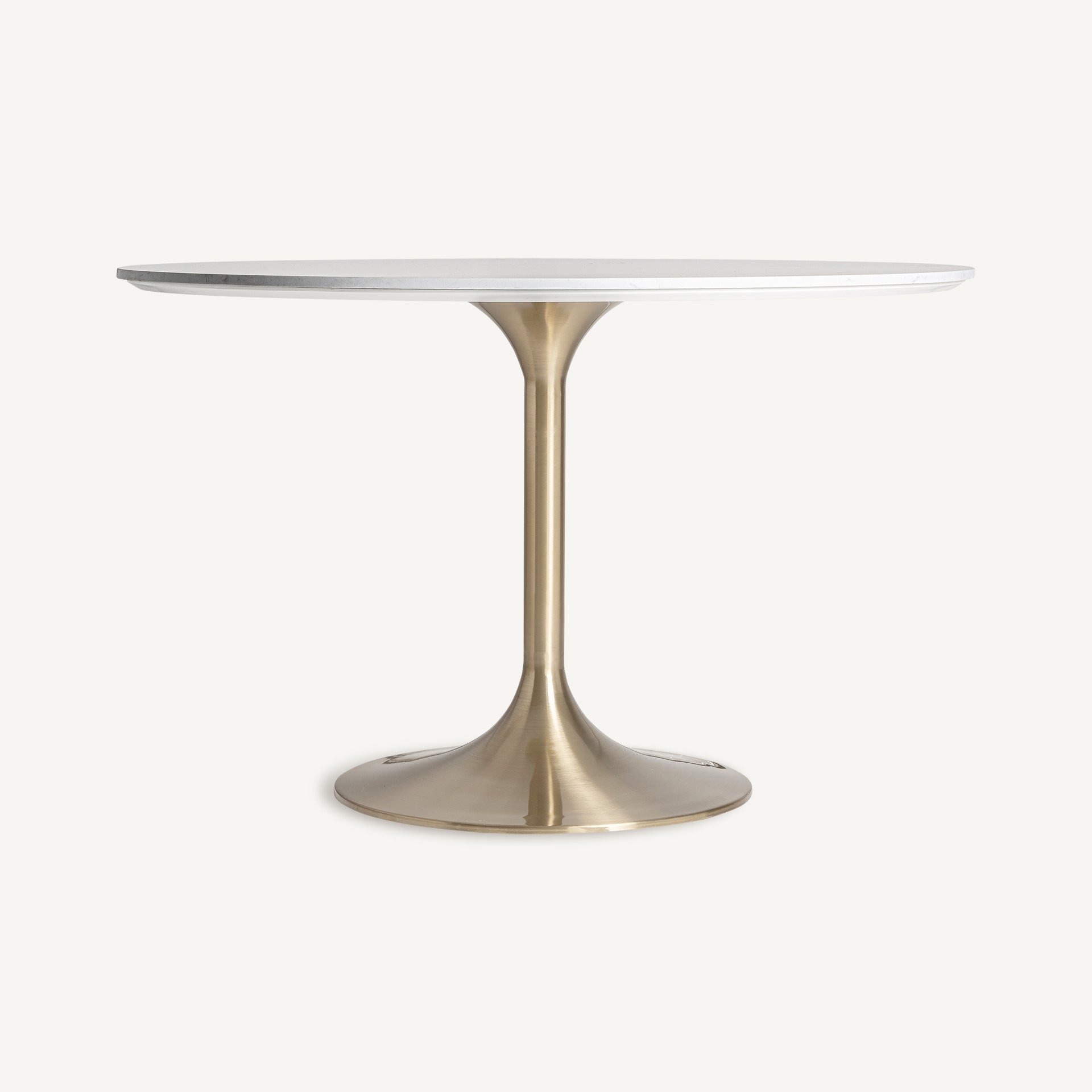 Mesa redonda de comedor con tablero blanco y base dorada, estilo retro elegante