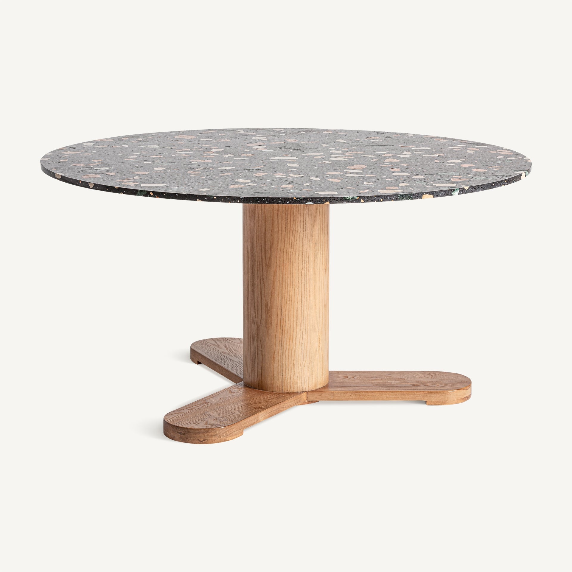 Mesa comedor de diseño contemporáneo en terrazo negro y madera de roble – perspectiva lateral