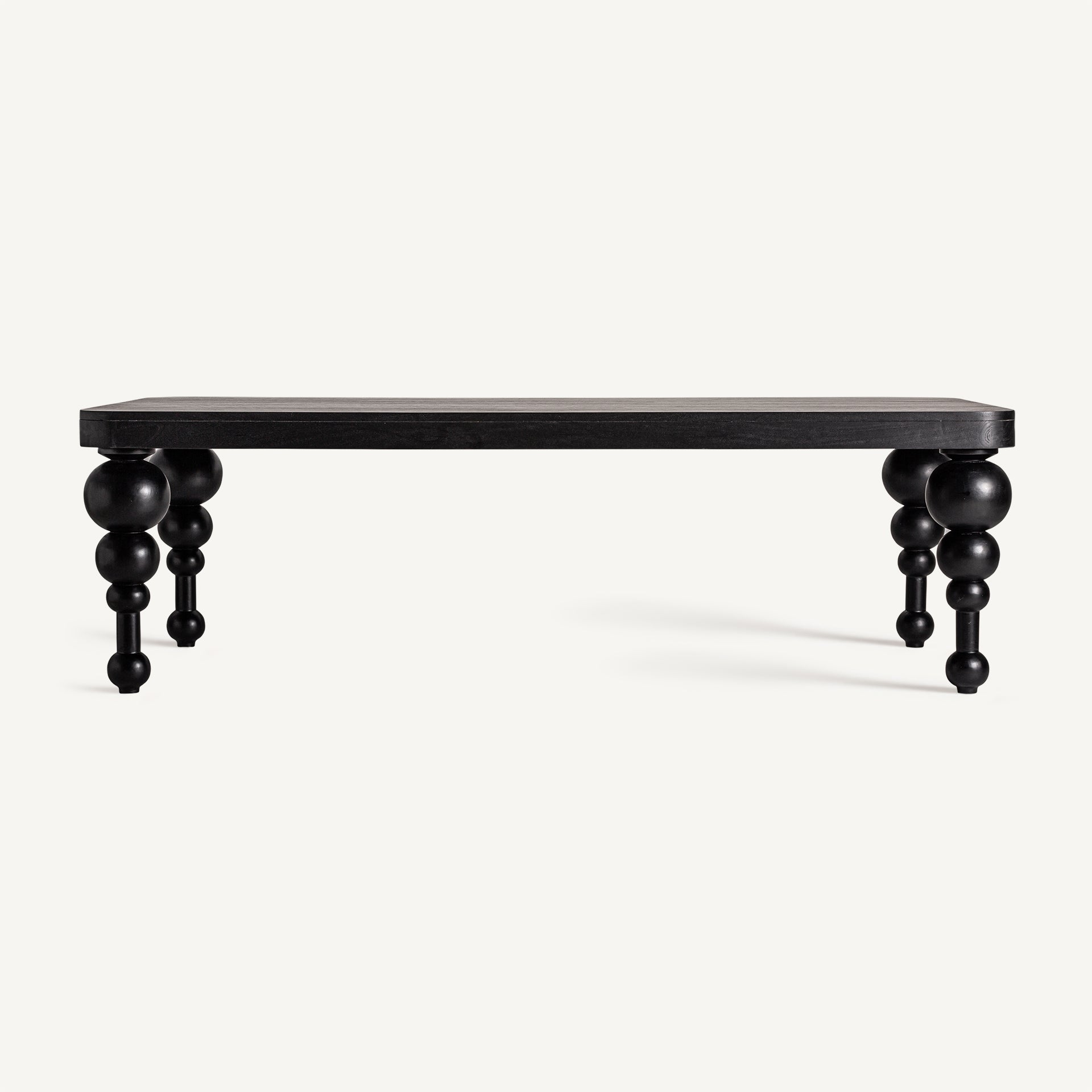 Mesa de centro rectangular ZENIVA en madera negra con patas torneadas esféricas – vista frontal