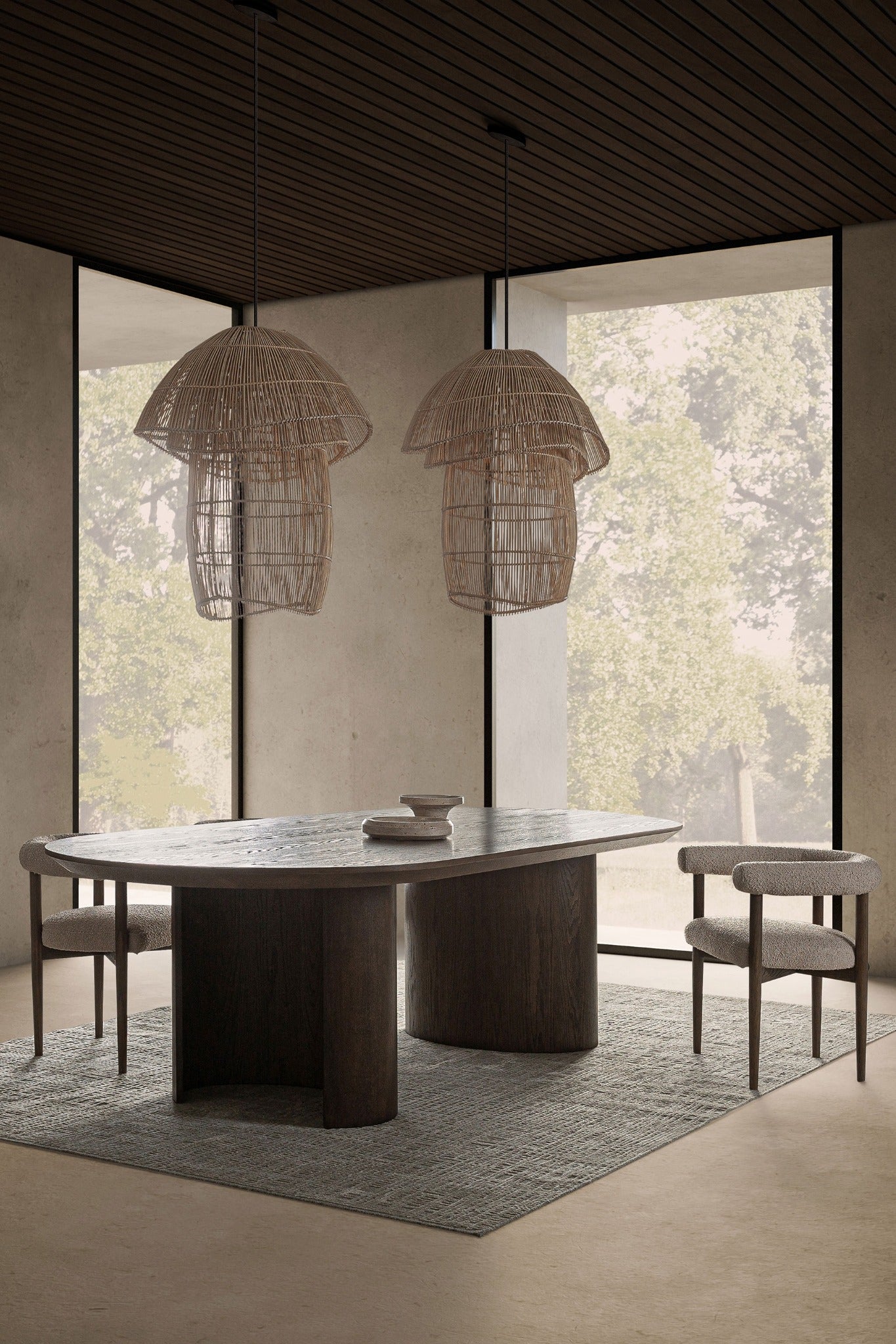 Escena completa de comedor con la mesa TREIGNAC como pieza central, estilo natural y elegante