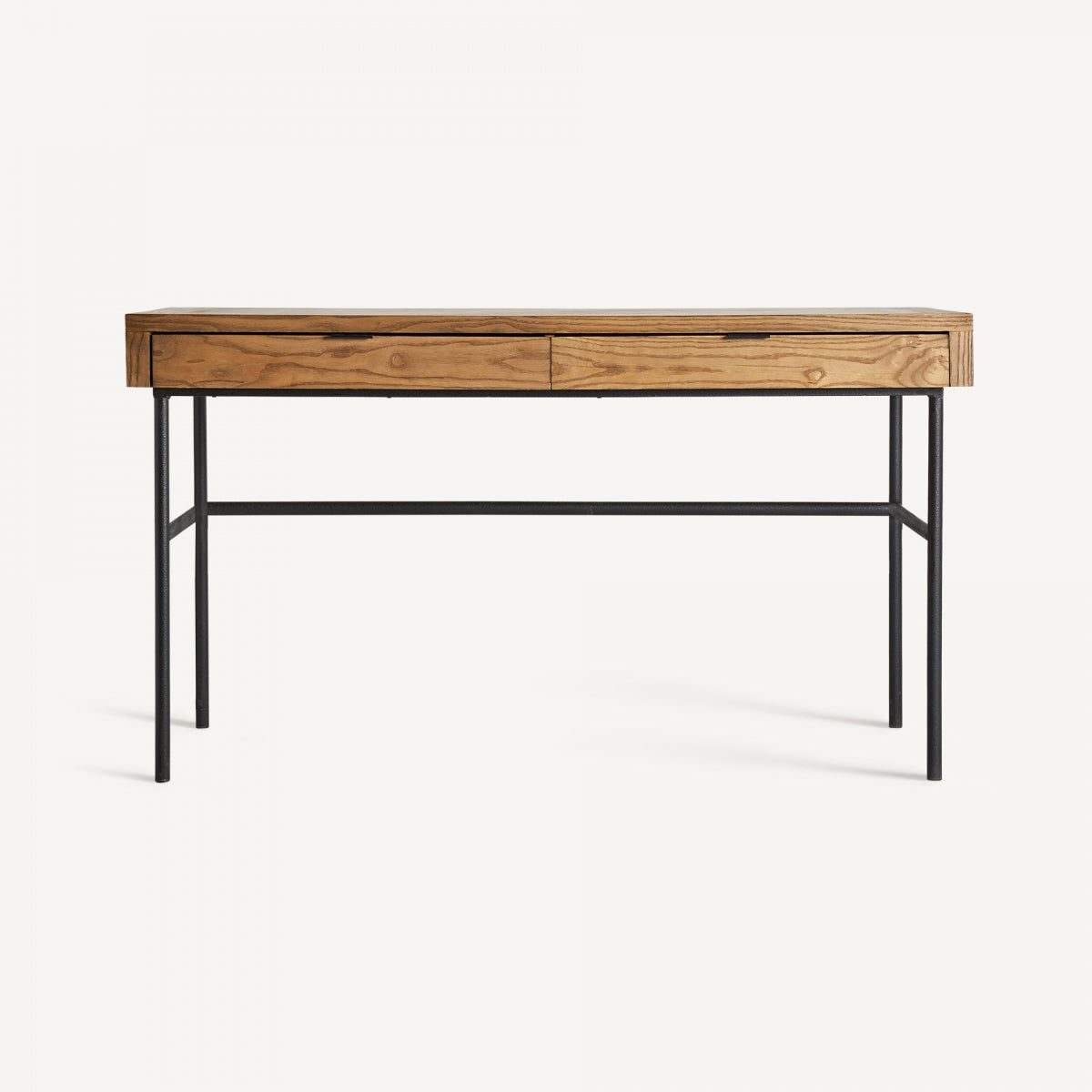 Escritorio de madera de olmo con estructura metálica negra, estilo industrial contemporáneo.