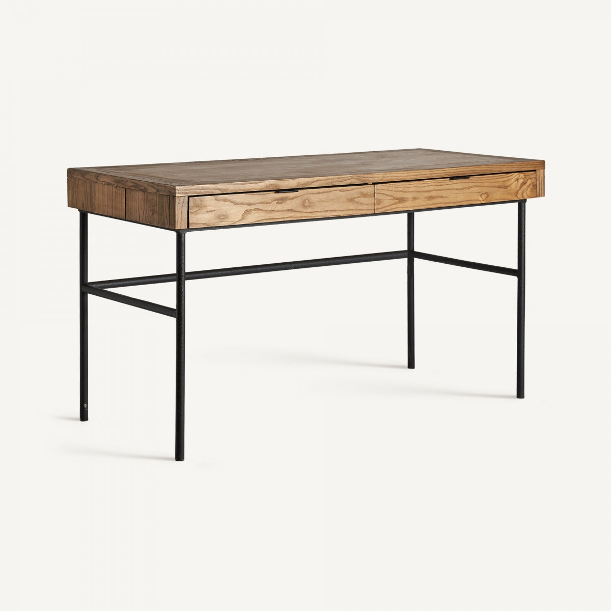 Vista lateral del escritorio Nuapa combinando madera natural y metal negro, diseño moderno.
