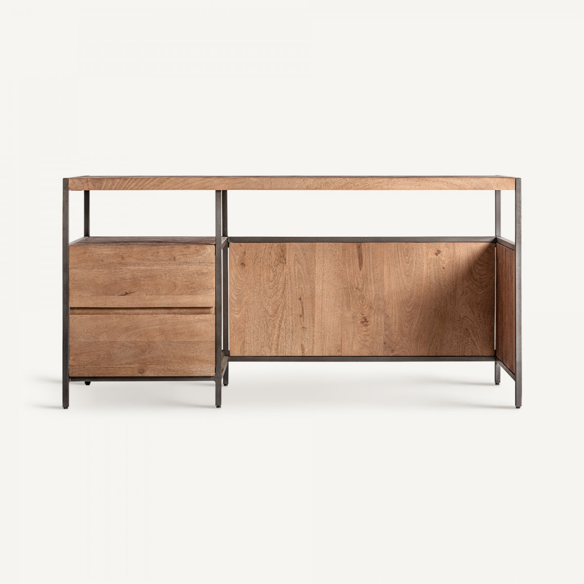 Escritorio Killeany de estilo industrial con cajonera integrada, madera de mango e hierro negro