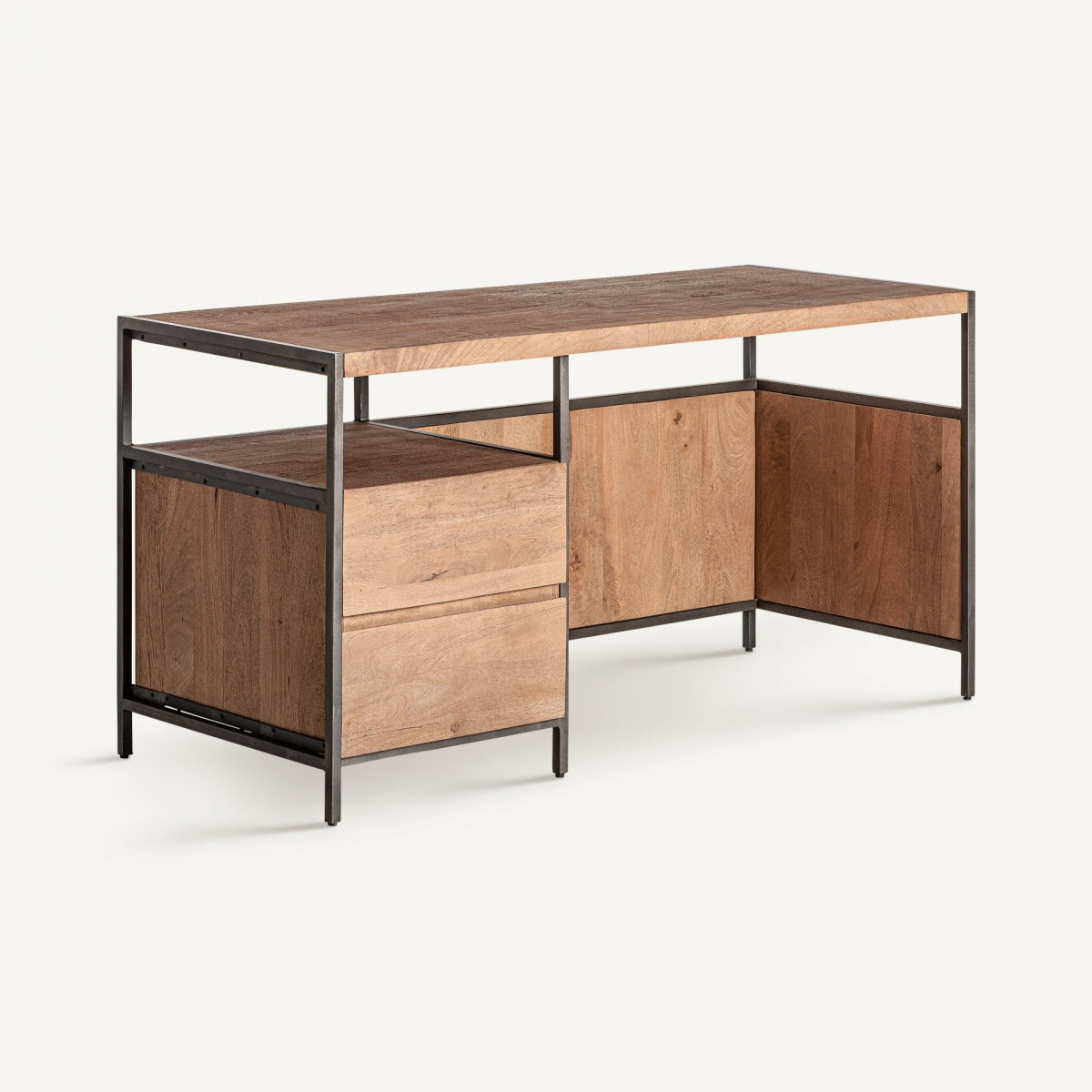 Vista lateral del escritorio Killeany, diseño funcional y robusto en madera e hierro
