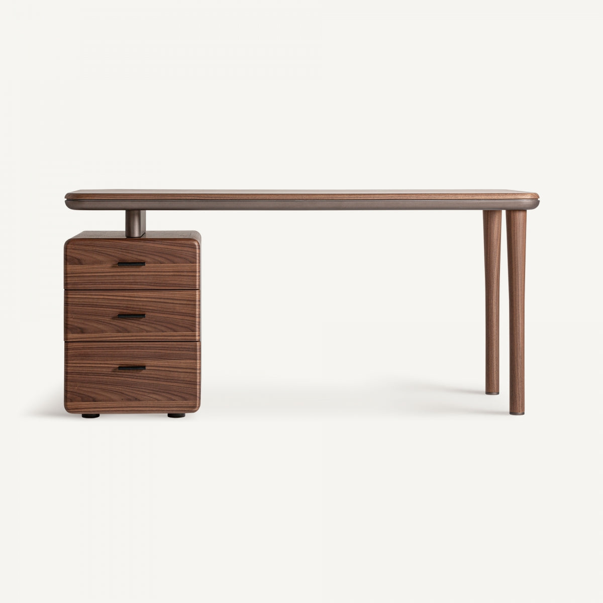 Vista frontal del escritorio Giswil estilo art déco en madera contrachapada marrón, diseño elegante y sobrio