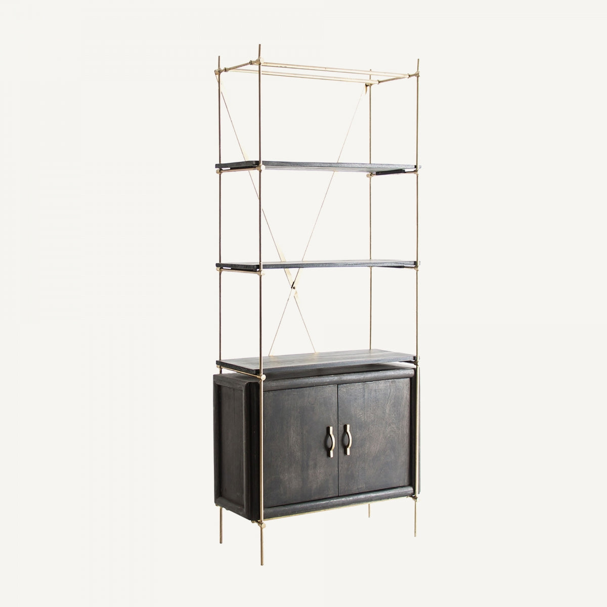 Vista lateral de la estantería DANTA con estructura dorada y baldas de madera, mueble librería decorativo VICAL