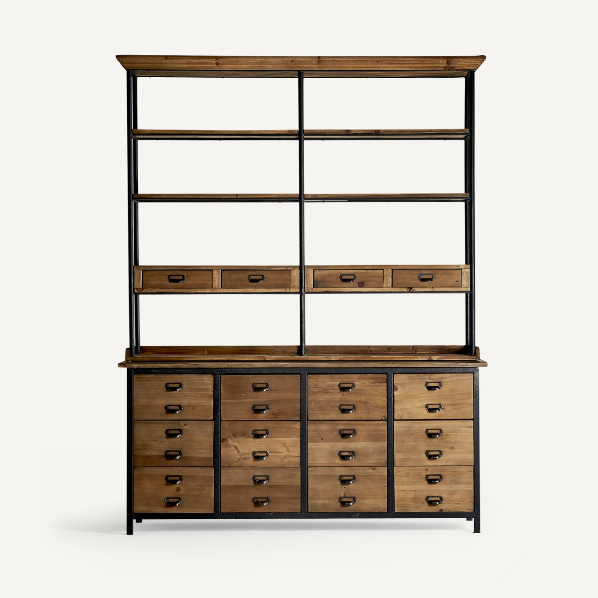 Estantería Minot de madera de olmo natural con estructura metálica negra y múltiples cajones, estilo rústico elegante