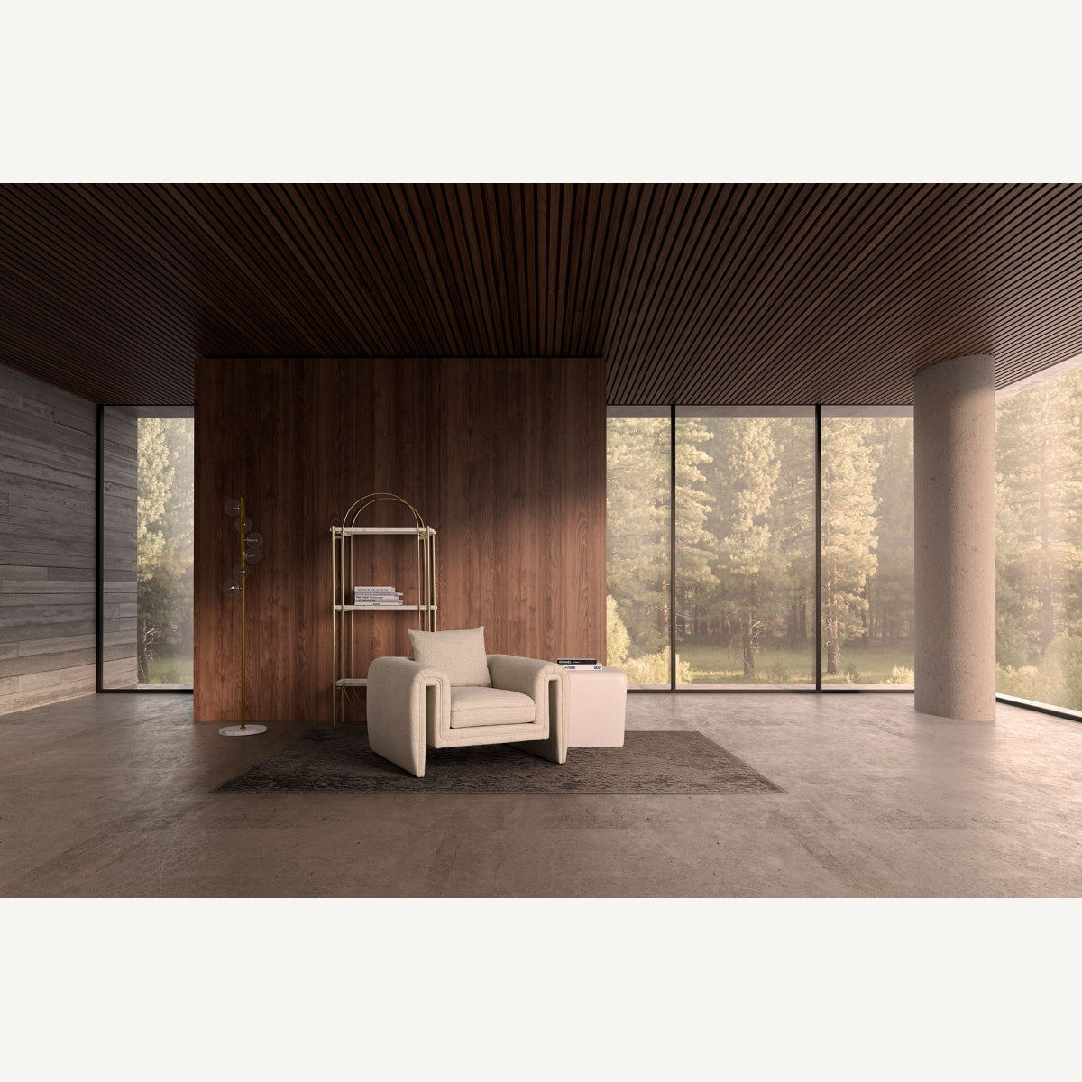 Estantería Dieuze en ambiente moderno con luz natural, mármol y detalles dorados elegantes.