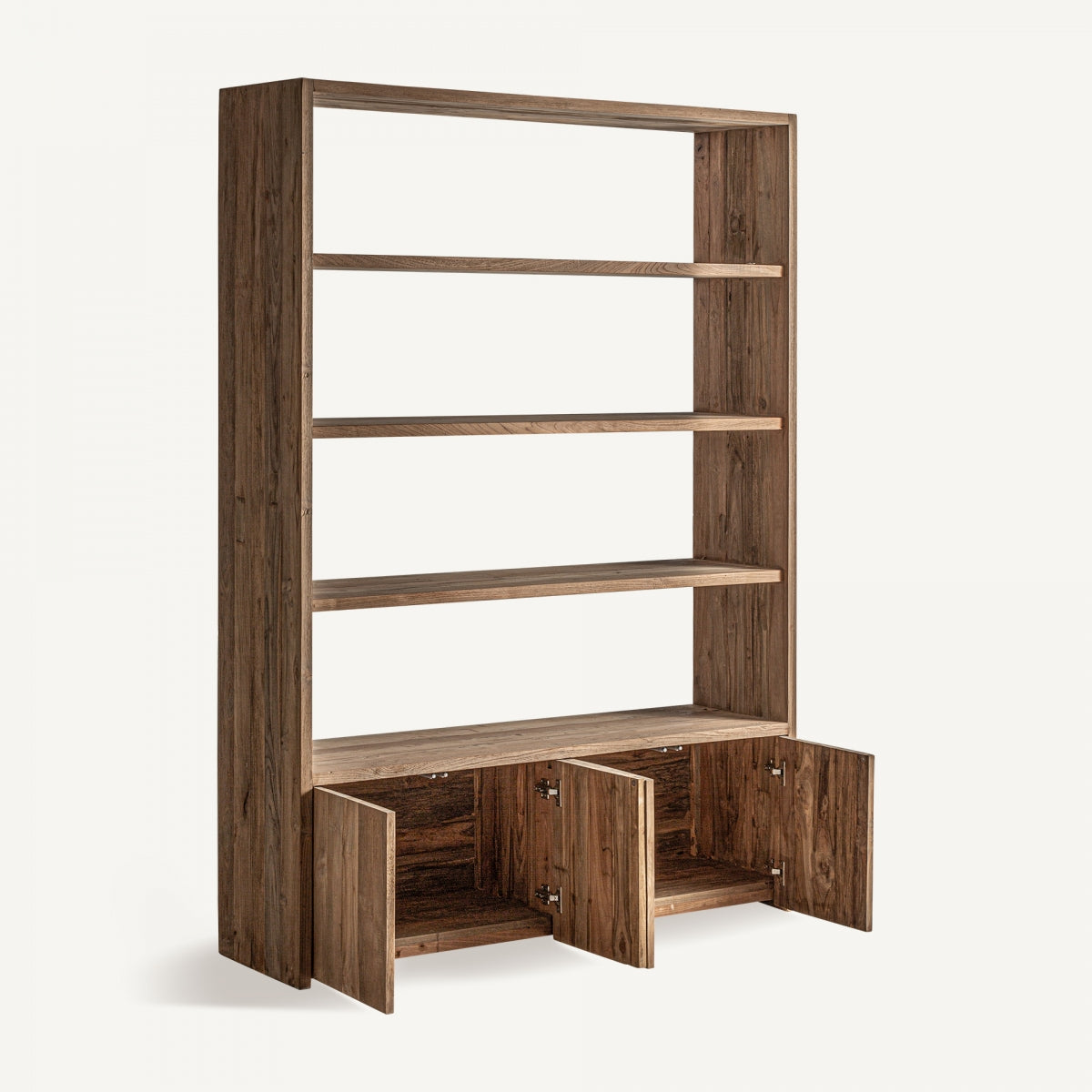 Estantería de madera natural con puertas inferiores abiertas, estilo rústico y funcional.
