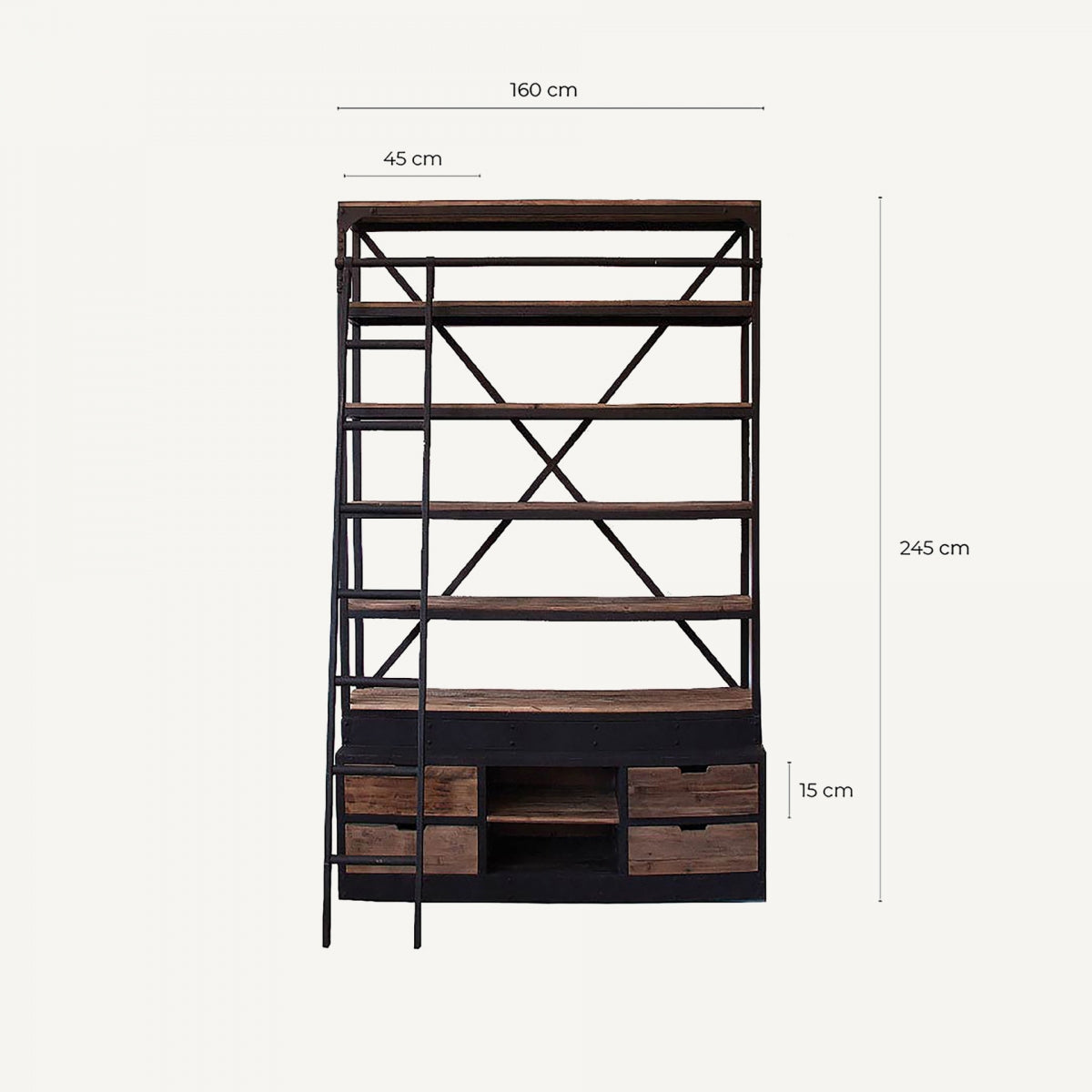 Imagen con medidas de la librería Ivalo: 160x45x245 cm, con escalera integrada y estilo industrial, boutique interiorismo VICAL.