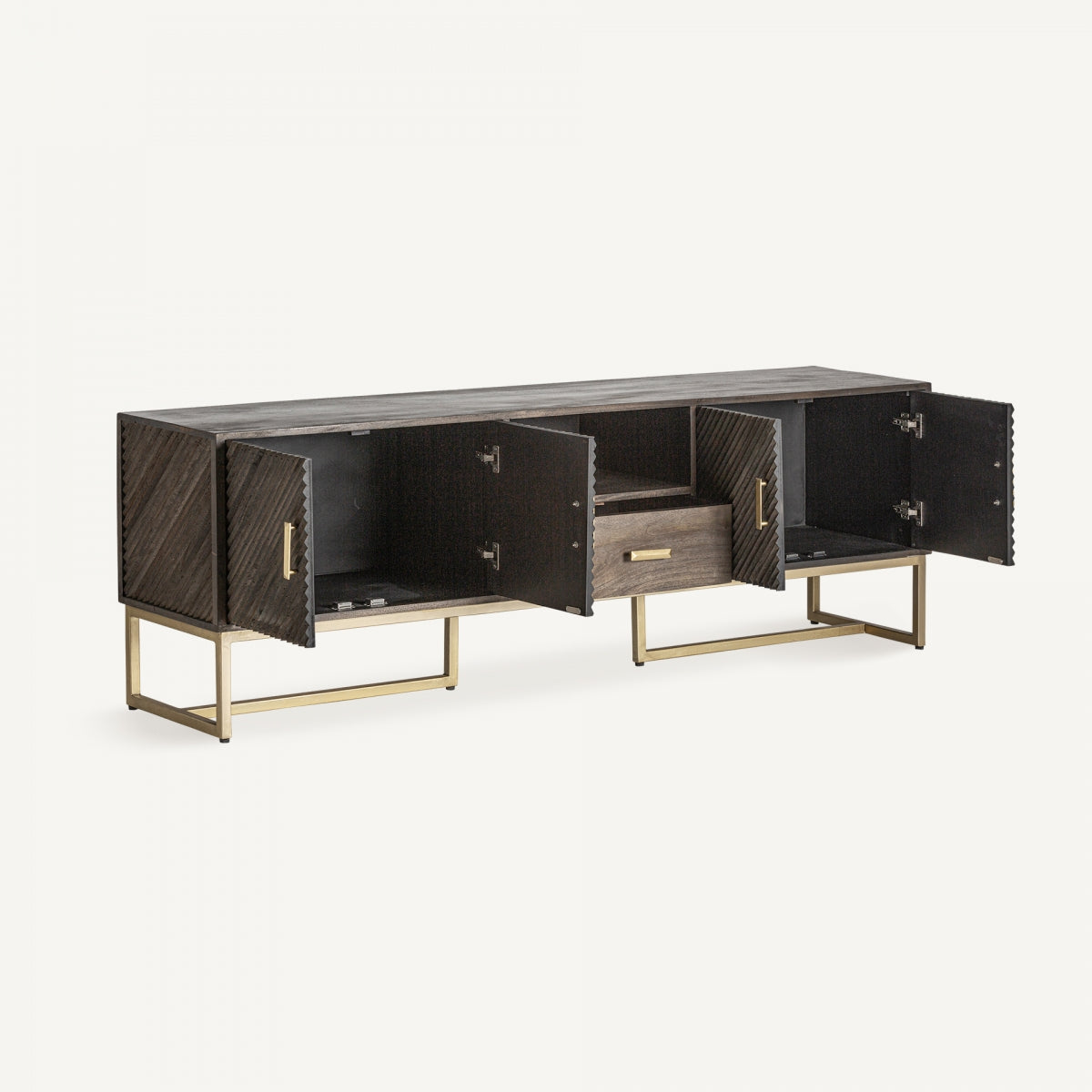 Puertas abiertas del mueble TV Kraj mostrando su amplio almacenaje interior, perfecto para salón.