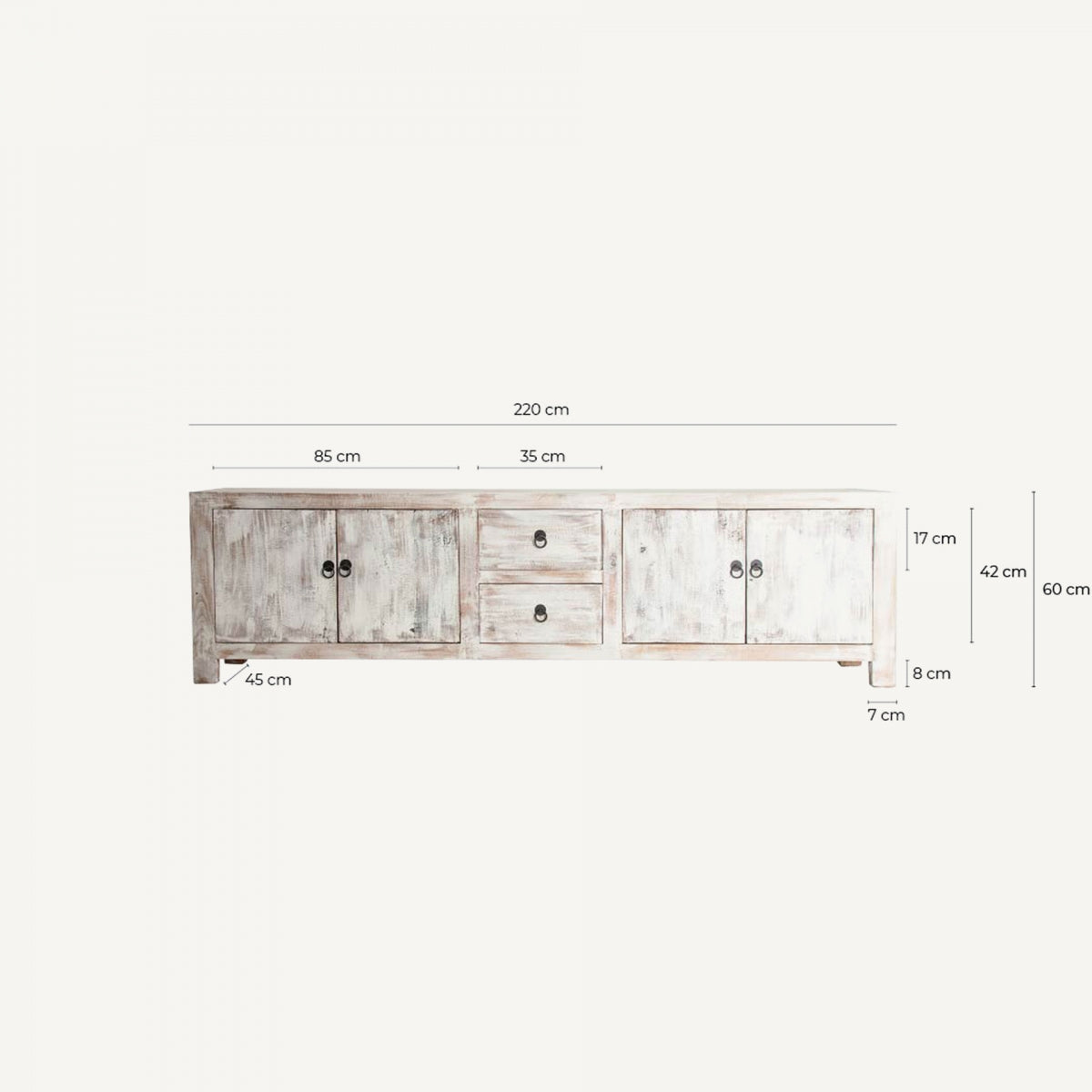 Medidas del mueble TV BARATTI en madera blanca envejecida, diseño funcional y decorativo.