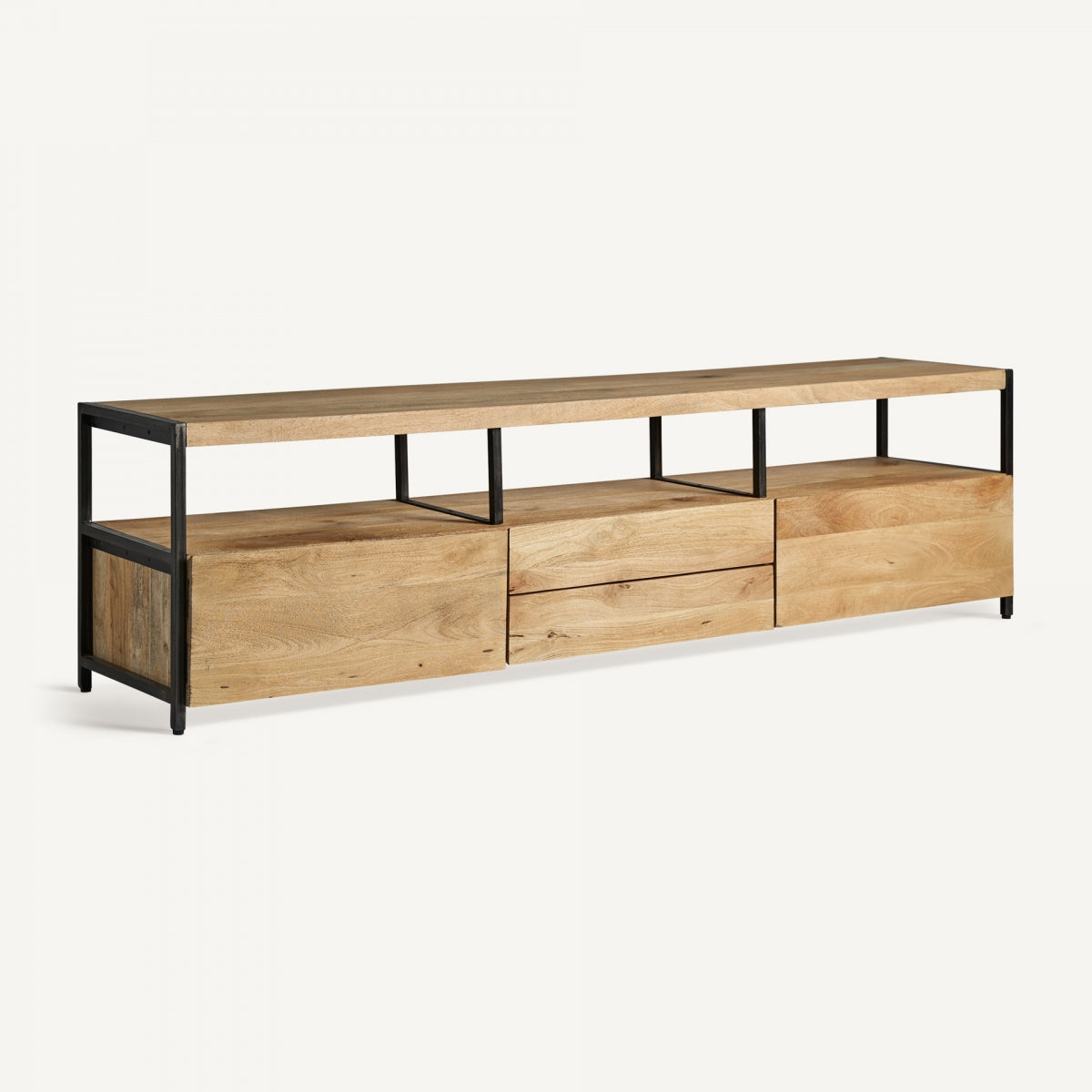 Vista en perspectiva del mueble de televisión CELLE, ideal para ambientes modernos y cálidos.