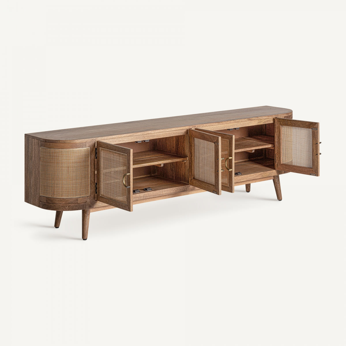 Interior del mueble TV con puertas abiertas, estantes funcionales y estética natural.