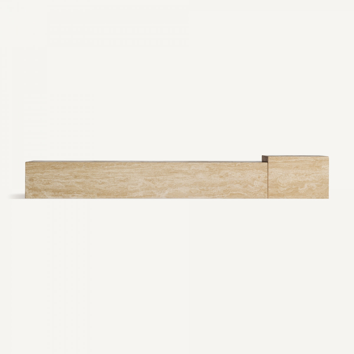 Mueble de TV en travertino natural con diseño de volúmenes escalonados, estilo escultórico y acabado en piedra caliza clara.