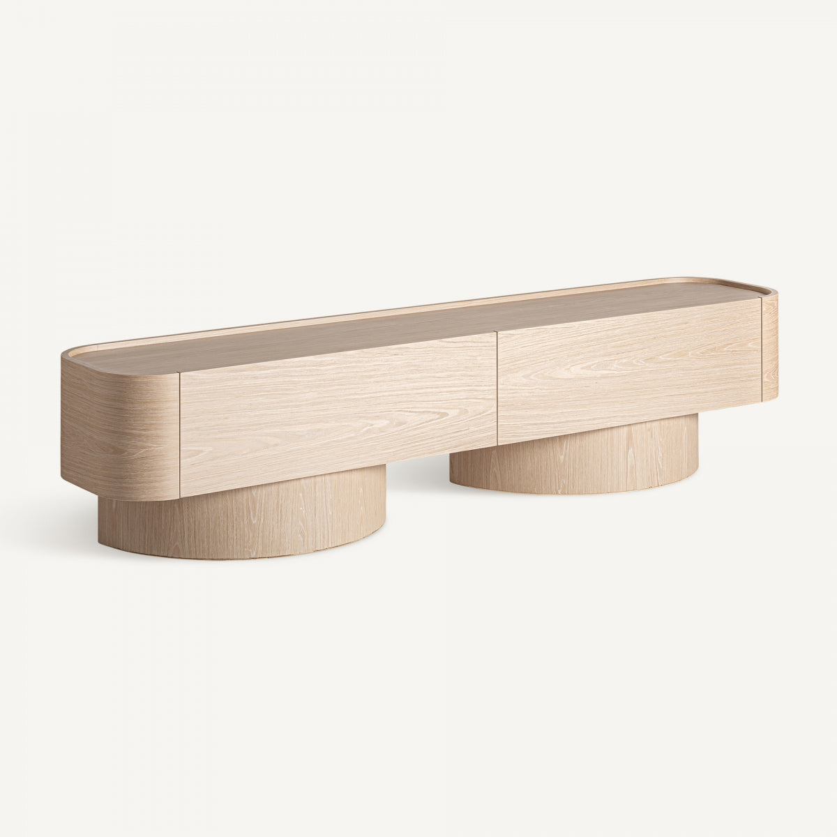Aparador bajo moderno con formas curvas, diseño minimalista en madera natural
