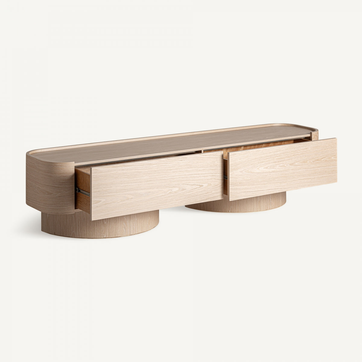 Cajones extraíbles en mueble de TV moderno acabado roble claro, estilo escandinavo