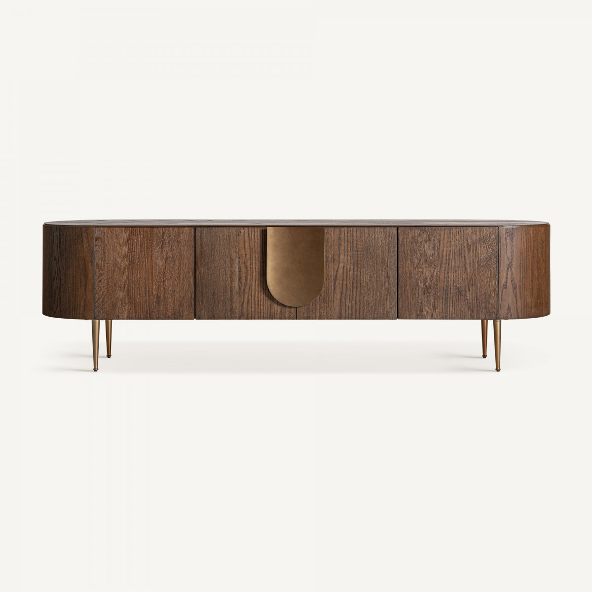 Mueble TV frontal de madera de roble oscuro con tirador dorado, estilo moderno y elegante, diseño de boutique interiorismo Vical