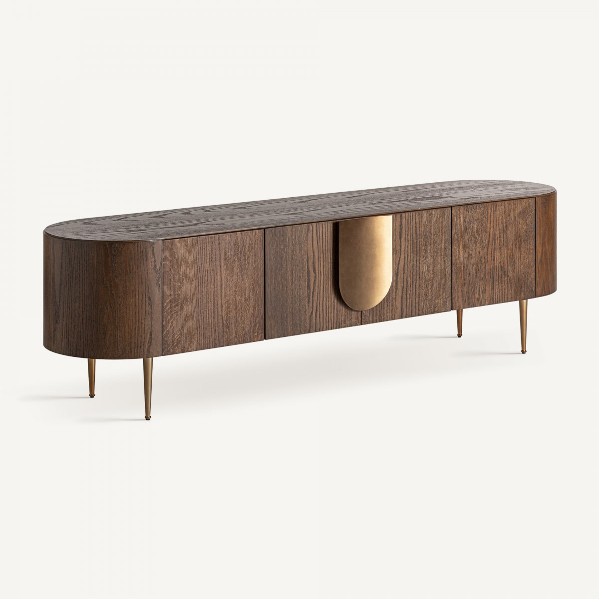 Mueble TV vista angular con estructura en madera oscura y tirador metálico dorado, diseño decorativo moderno de Vical