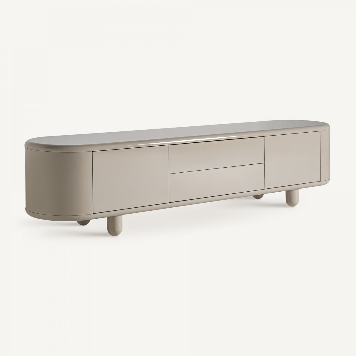 Perspectiva lateral del mueble TV beige lacado con esquinas curvas. Estilo moderno y acabado brillante.