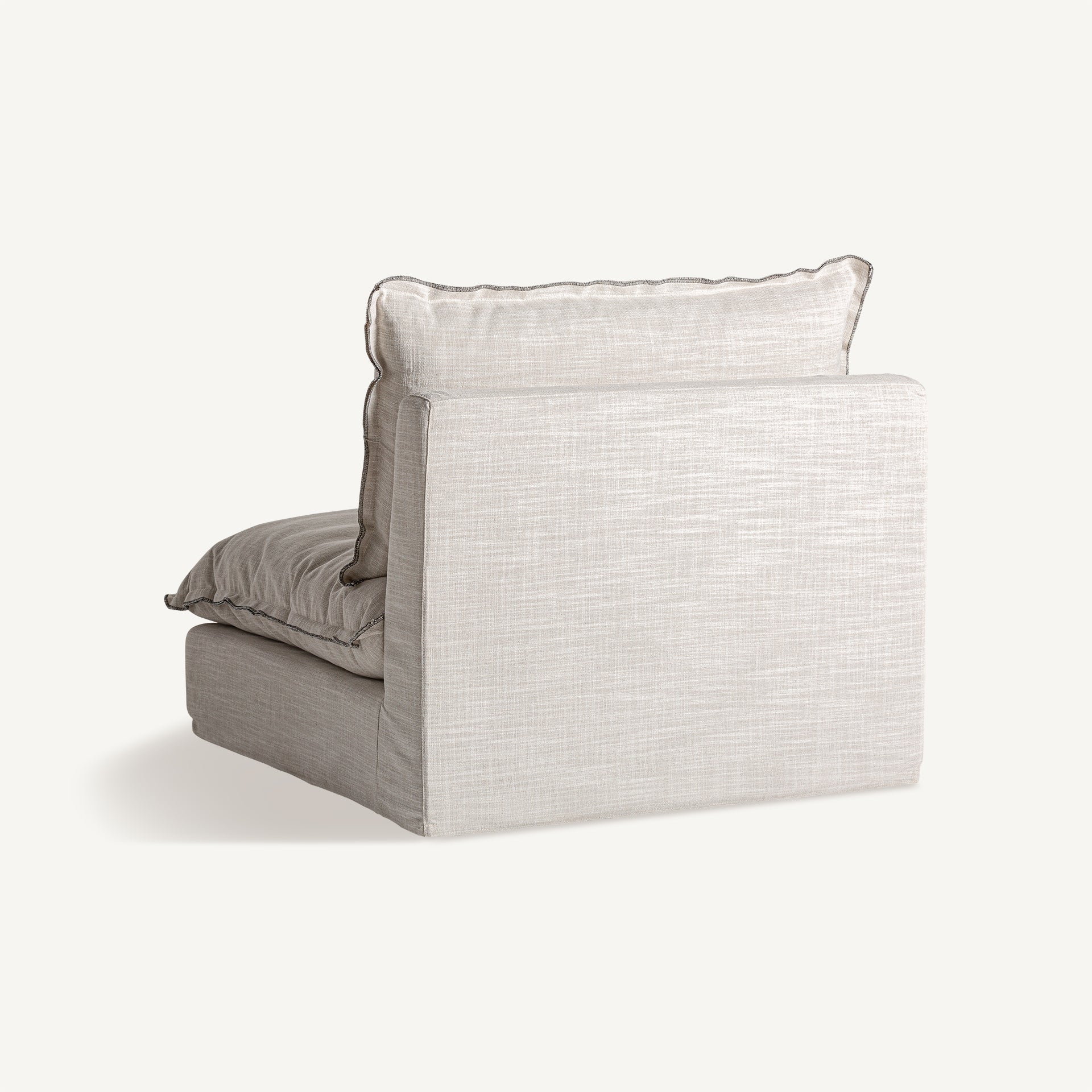 Vista trasera del módulo central Bief, sofá moderno en poliéster blanco roto. Perfecto para composiciones modulares elegantes.