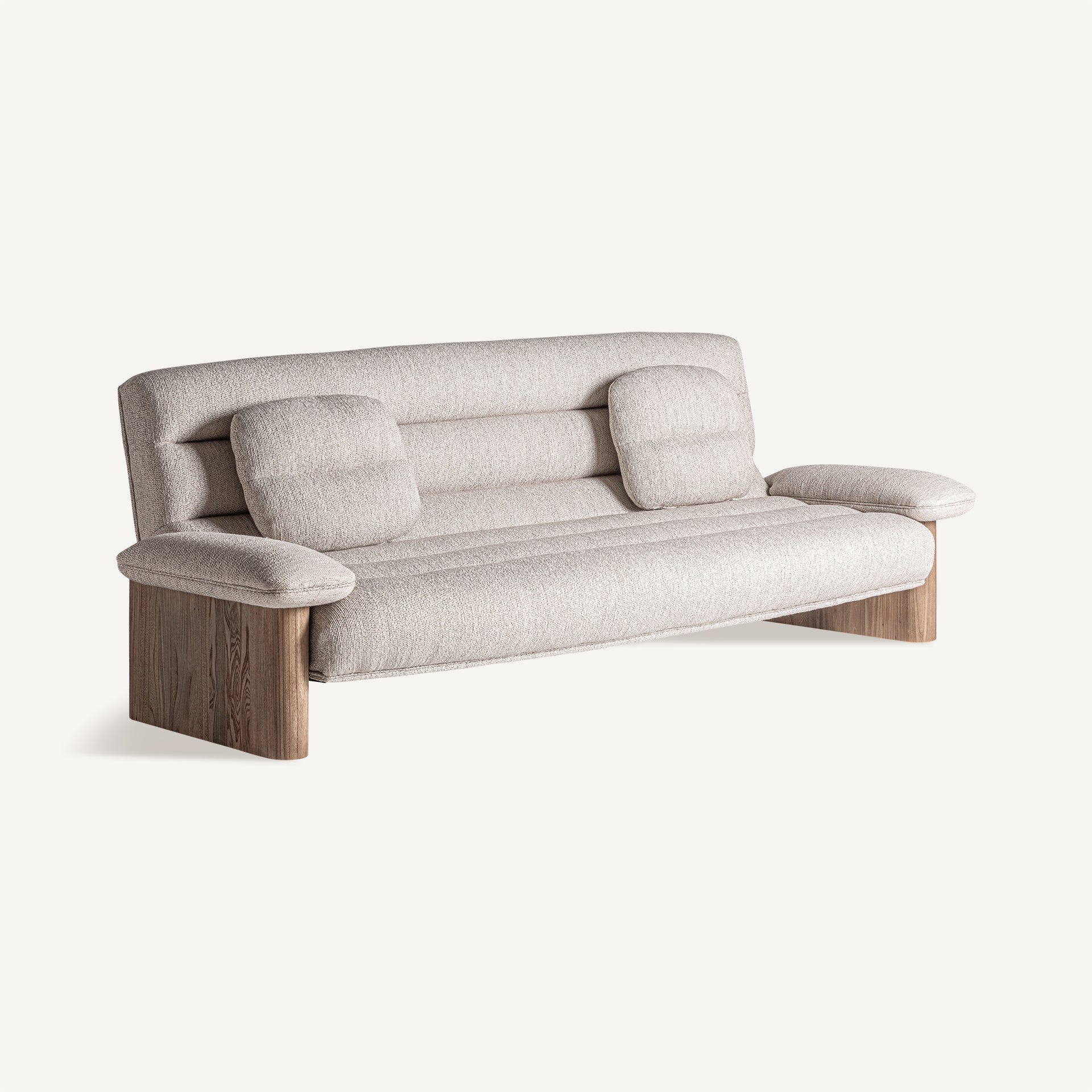 Sofá Jacquard frontal tapizado beige con base de madera de roble, estilo contemporáneo, boutique interiorismo VICAL