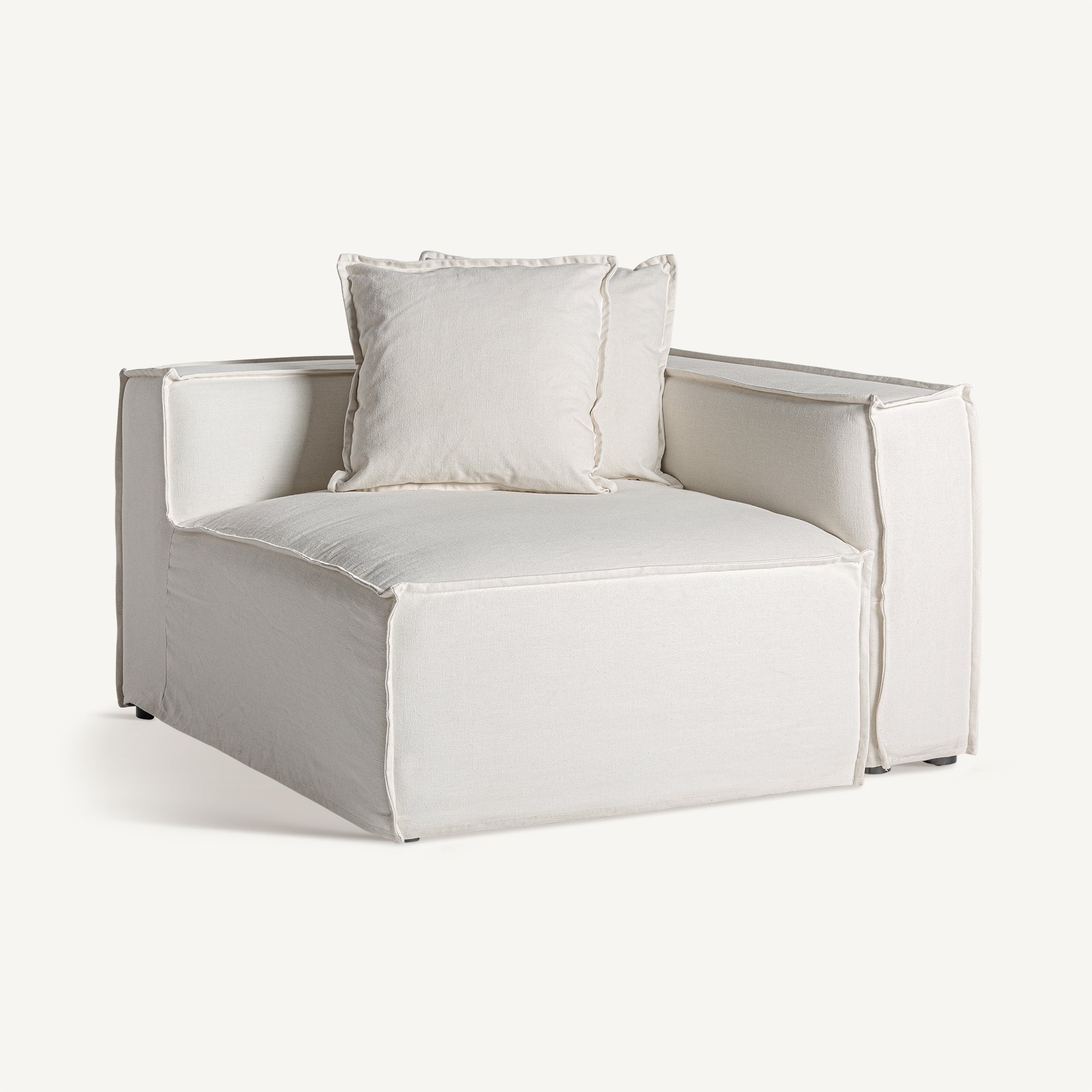 Vista tres cuartos del módulo Virolle derecho, sofá esquinero modular en lino blanco boutique interiorismo vical