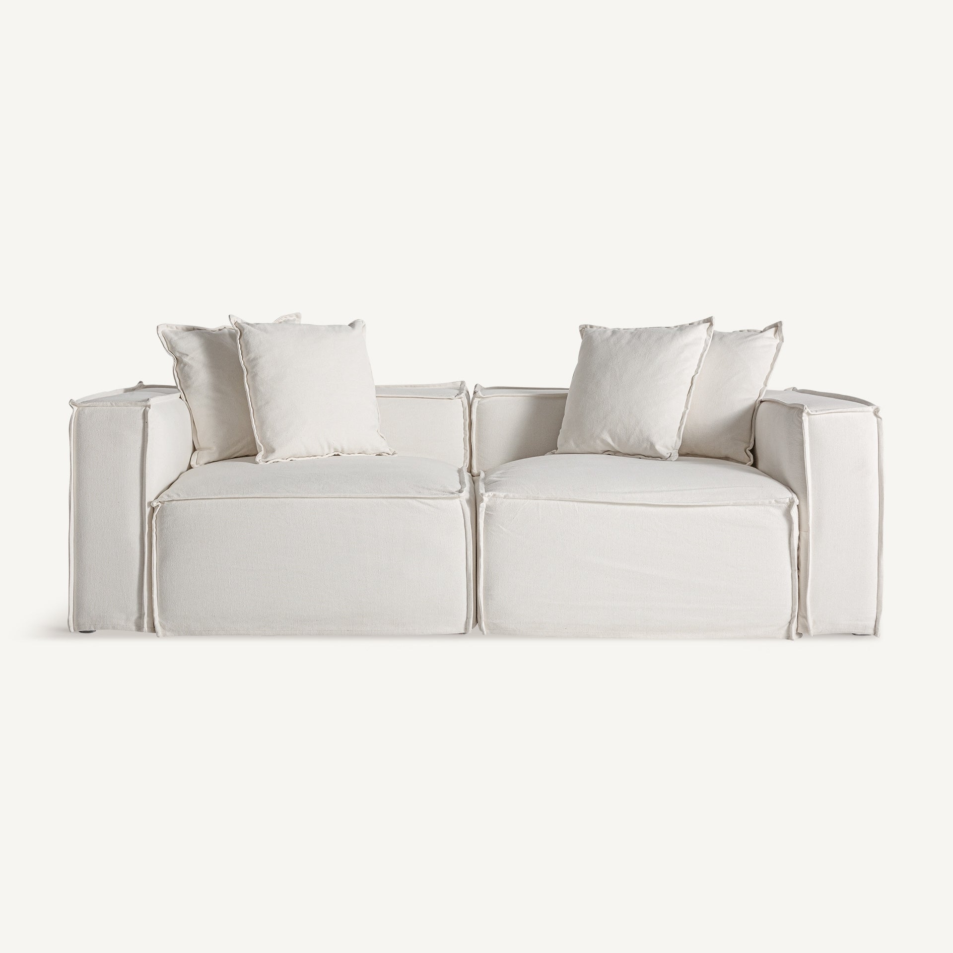 Composición con módulos izquierdo y derecho Virolle, sofá modular en lino blanco estilo colonial boutique interiorismo vical