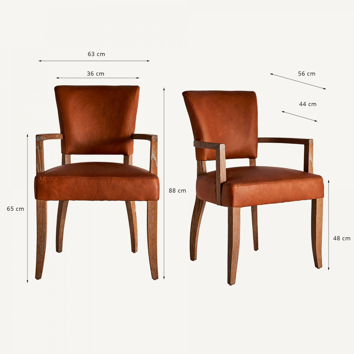 Imagen técnica con medidas de silla en cuero y madera, proporciones ideales para comedor o despacho.