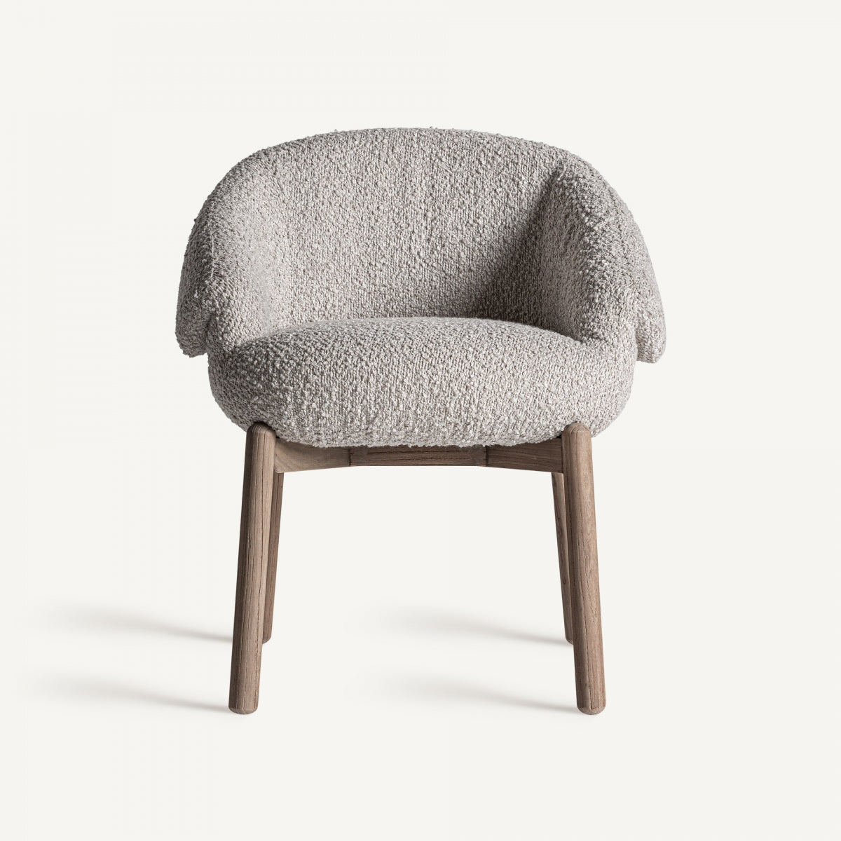 Sillón en tejido bouclé beige claro, vista frontal total, respaldo envolvente, diseño acogedor